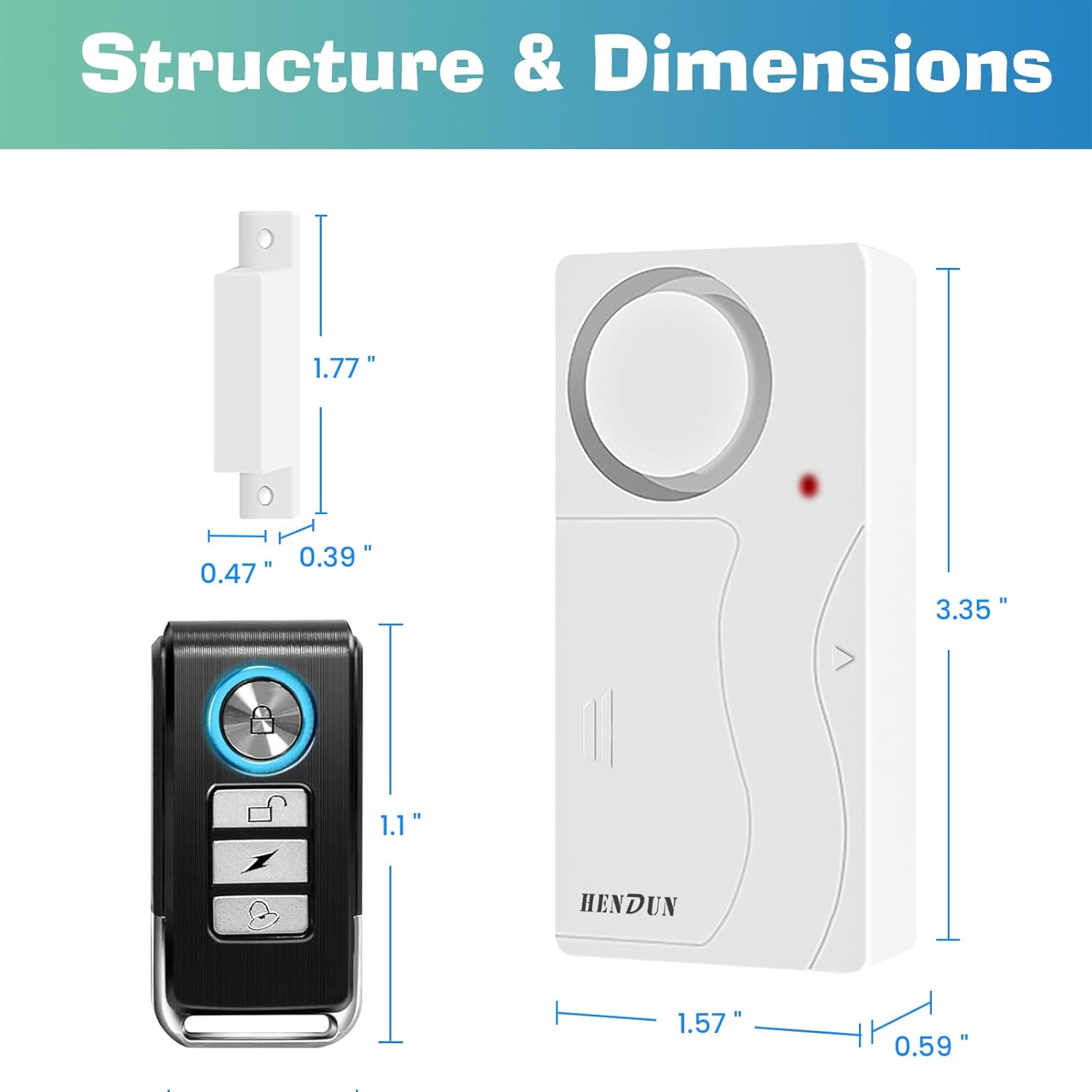 Das Bild zeigt Komponenten eines Sicherheitssystems mit Abmessungen. Enthält einen weißen Sensor, eine Fernbedienung und eine weiße Alarmeinheit.