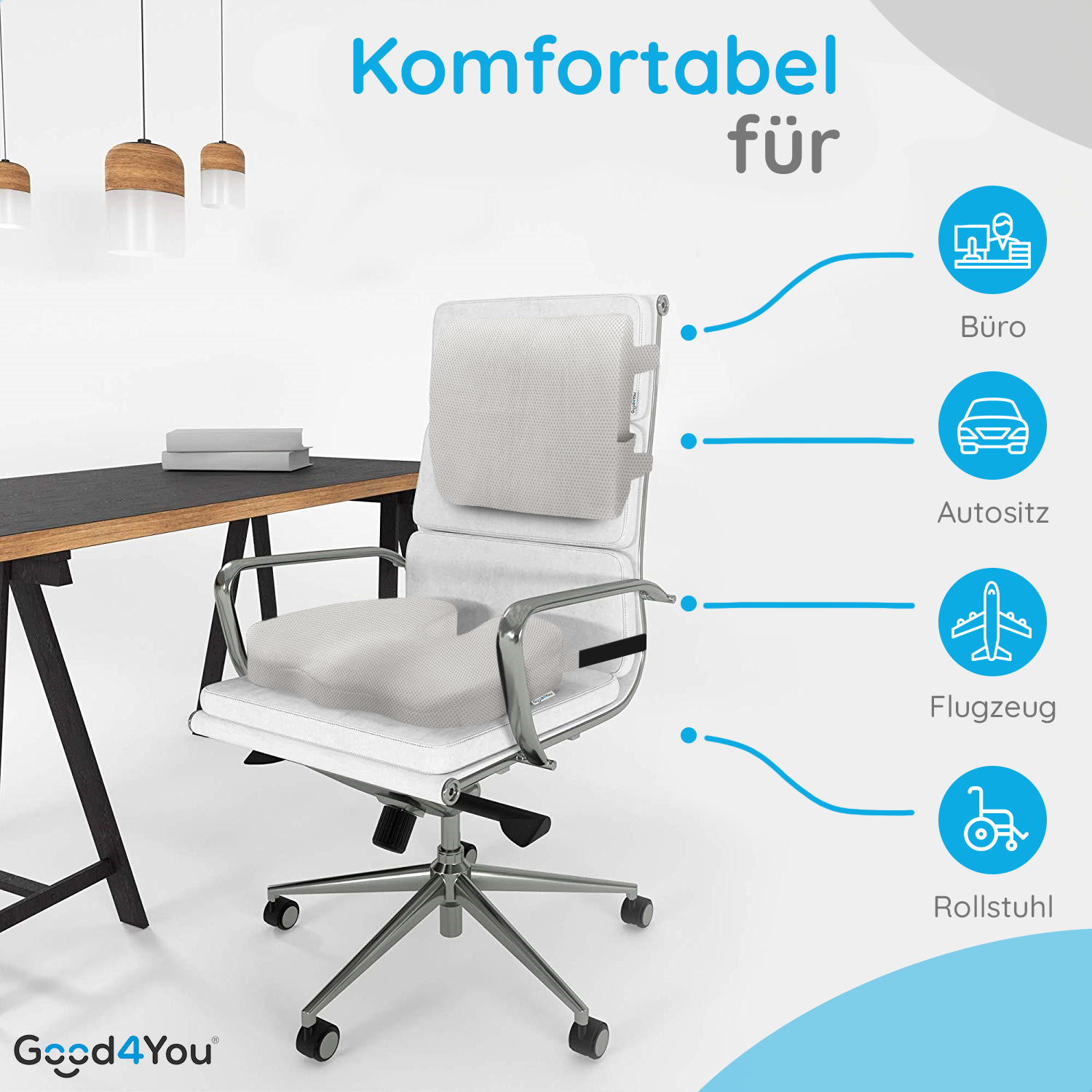 Weißer Bürostuhl mit grauen Kissen und Rückenlehne. Text auf Deutsch: Komfortabel für Büro, Autositz, Flugzeug, Rollstuhl.