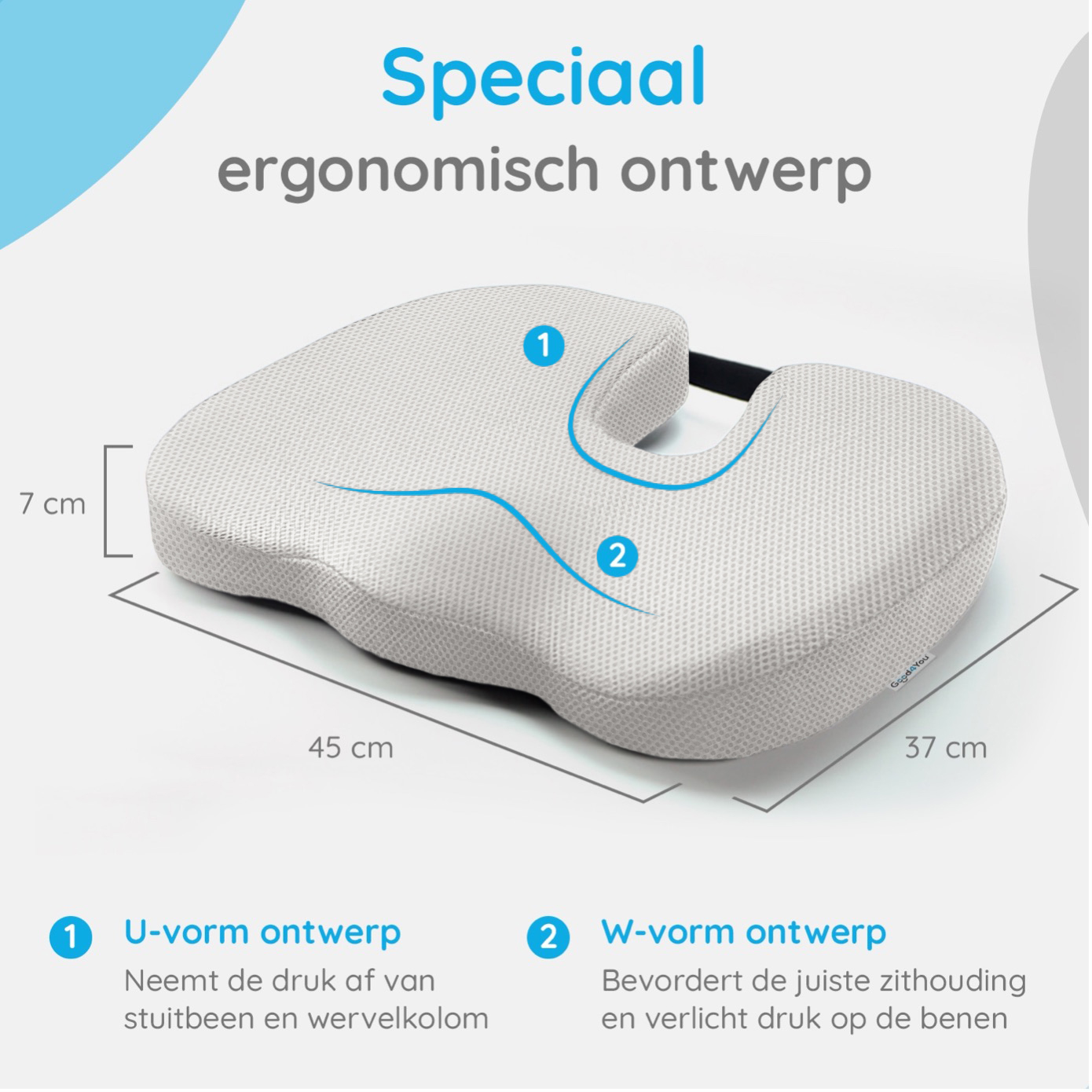 Weißes ergonomisches Sitzkissen mit U- und W-Form-Design, Abmessungen beschriftet. Text weist auf spezielles ergonomisches Design hin.