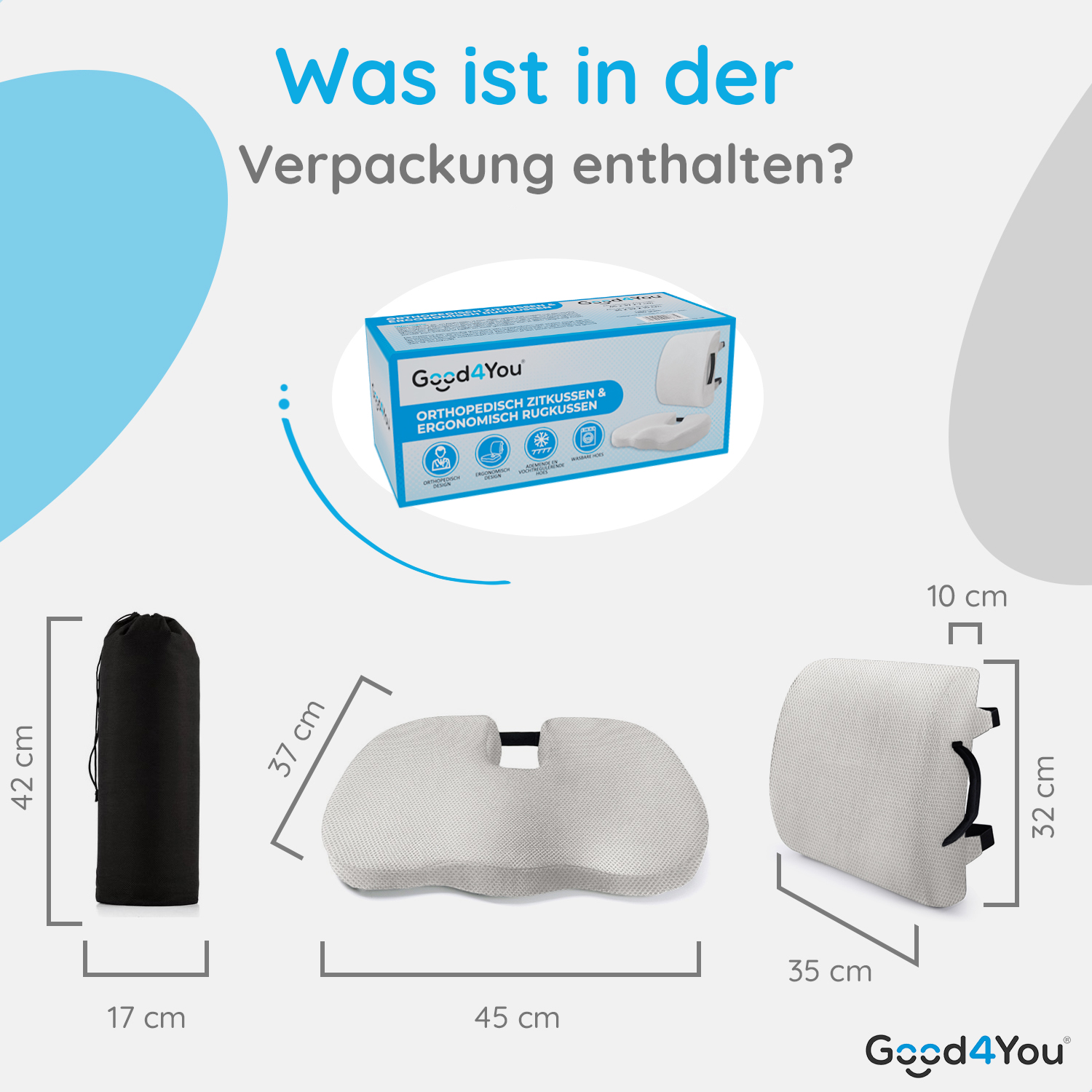 Das Bild zeigt ein orthopädisches Kissen-Set von Good4You. Enthält ein Sitzkissen, eine Rückenstütze und eine schwarze Tragetasche, mit Maßen.