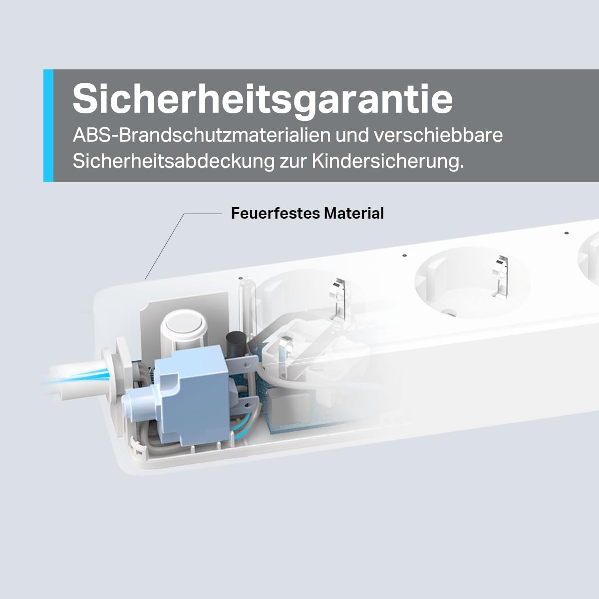 Weißer Mehrfachstecker mit sichtbaren internen Komponenten. Text sagt 'Sicherheitsgarantie', feuerfestes Material und Kindersicherung.