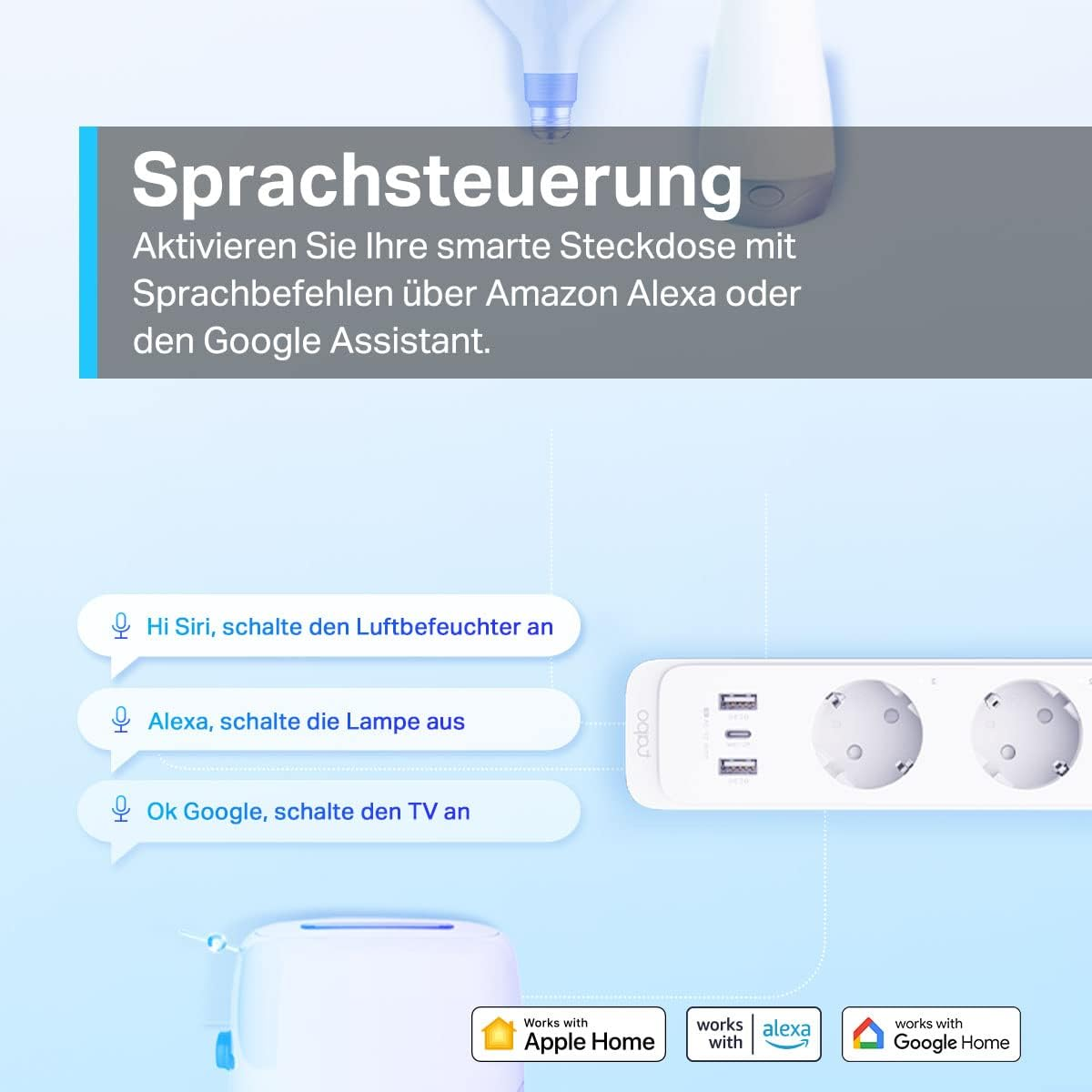 Das Bild zeigt eine intelligente Steckdose mit Sprachsteuerungsoptionen. Sie funktioniert mit Apple Home, Alexa und Google Home. Beispiele für Sprachbefehle werden gezeigt.
