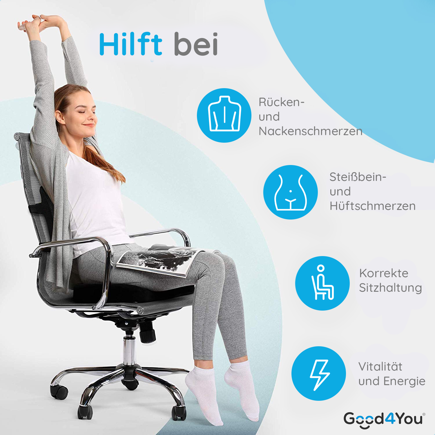 Frau dehnt sich im Bürostuhl. Text in Deutsch beschreibt Vorteile: Rückenschmerzen, Hüftschmerzen, korrekte Haltung, Vitalität.