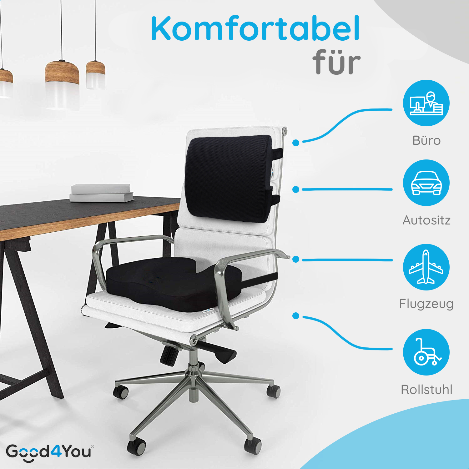 Bürostuhl mit Rücken- und Sitzkissen. Text auf Deutsch, Komfortabel für. Icons für Büro, Auto, Flugzeug und Rollstuhl.