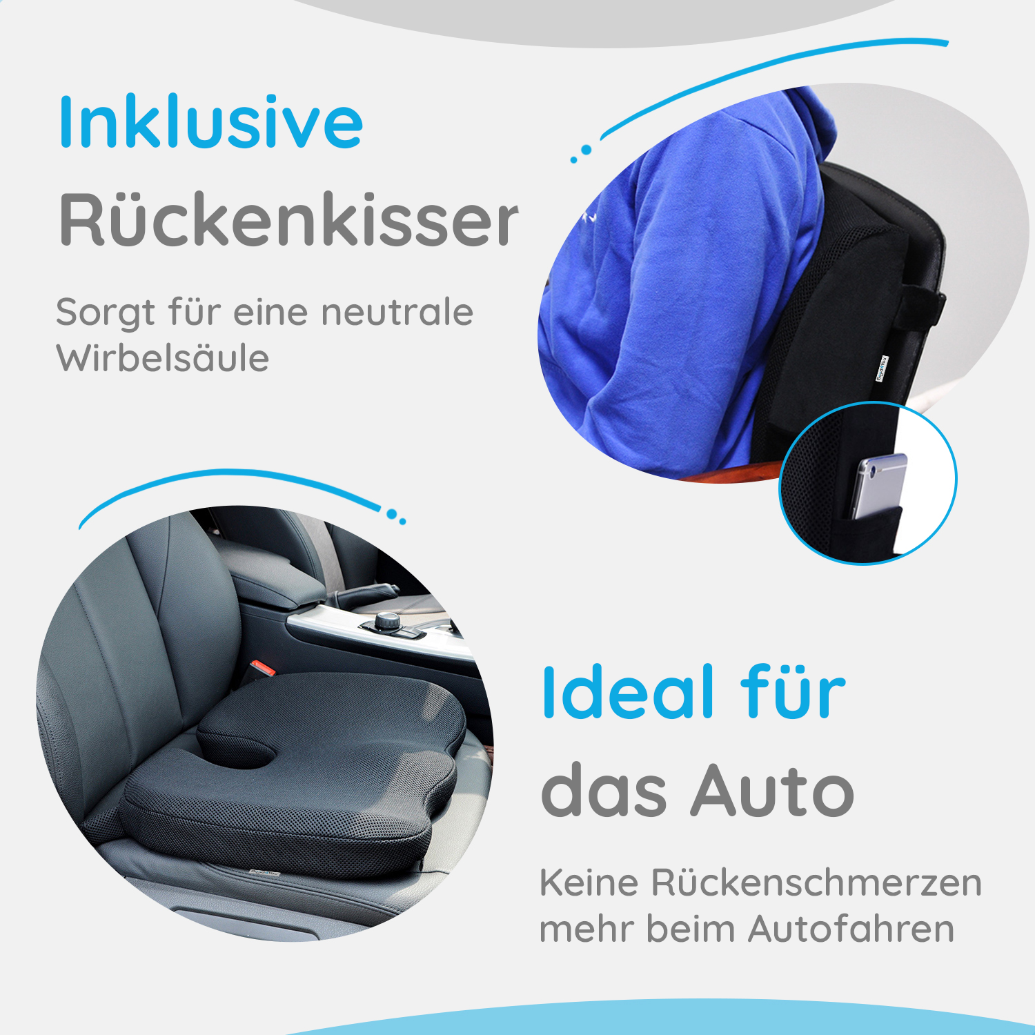 Ein Bild zeigt ein Autositzkissen und Rückenstütze für die Haltung. Text: Ideal für das Auto, keine Rückenschmerzen. Inklusive Rückenlehne.
