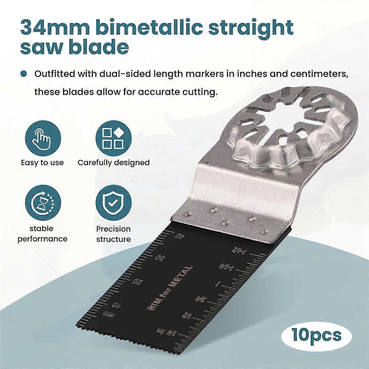 Eine bimetallische Sägeblatt mit Messmarkierungen. Text lautet "34mm bimetallische gerade Sägeblatt" und "10 Stück".
