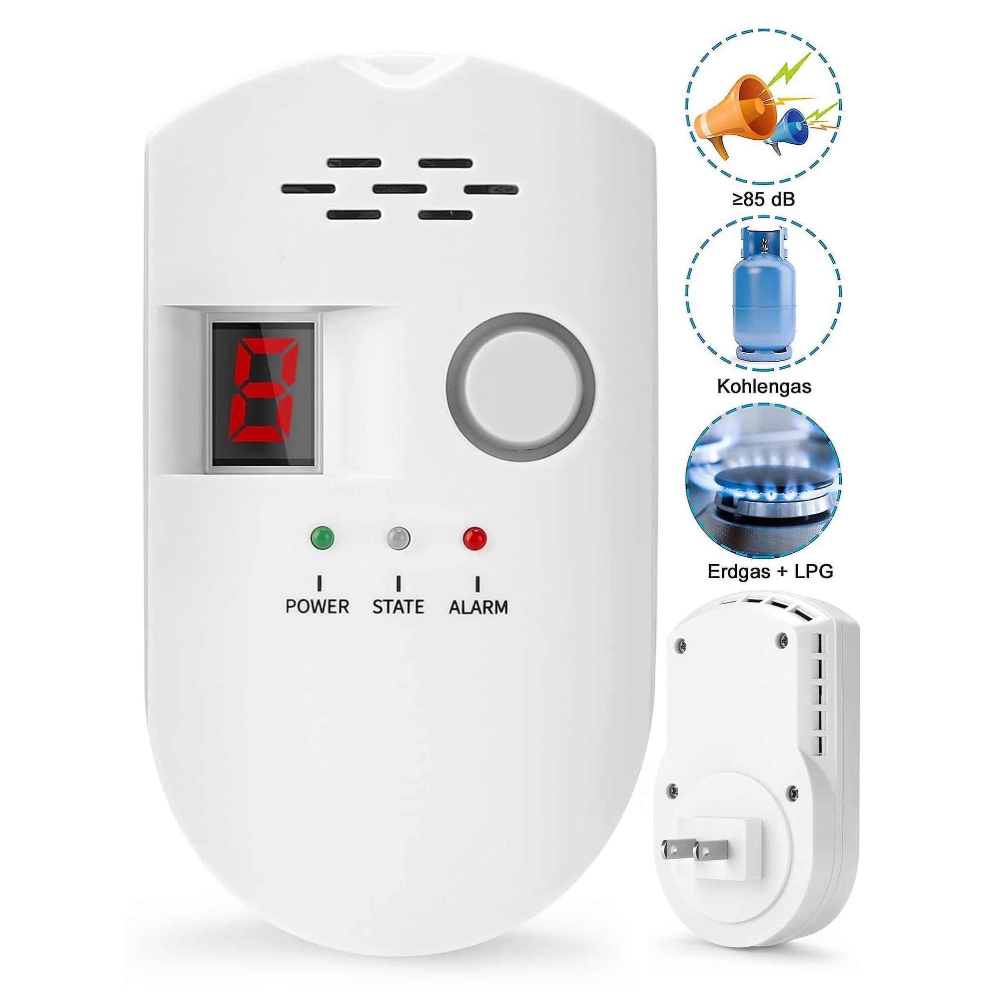 Weißer Gasdetektor mit Digitalanzeige und Kontrollleuchten. Enthält Gassymbol-Icons. Inklusive Steckereinheit.