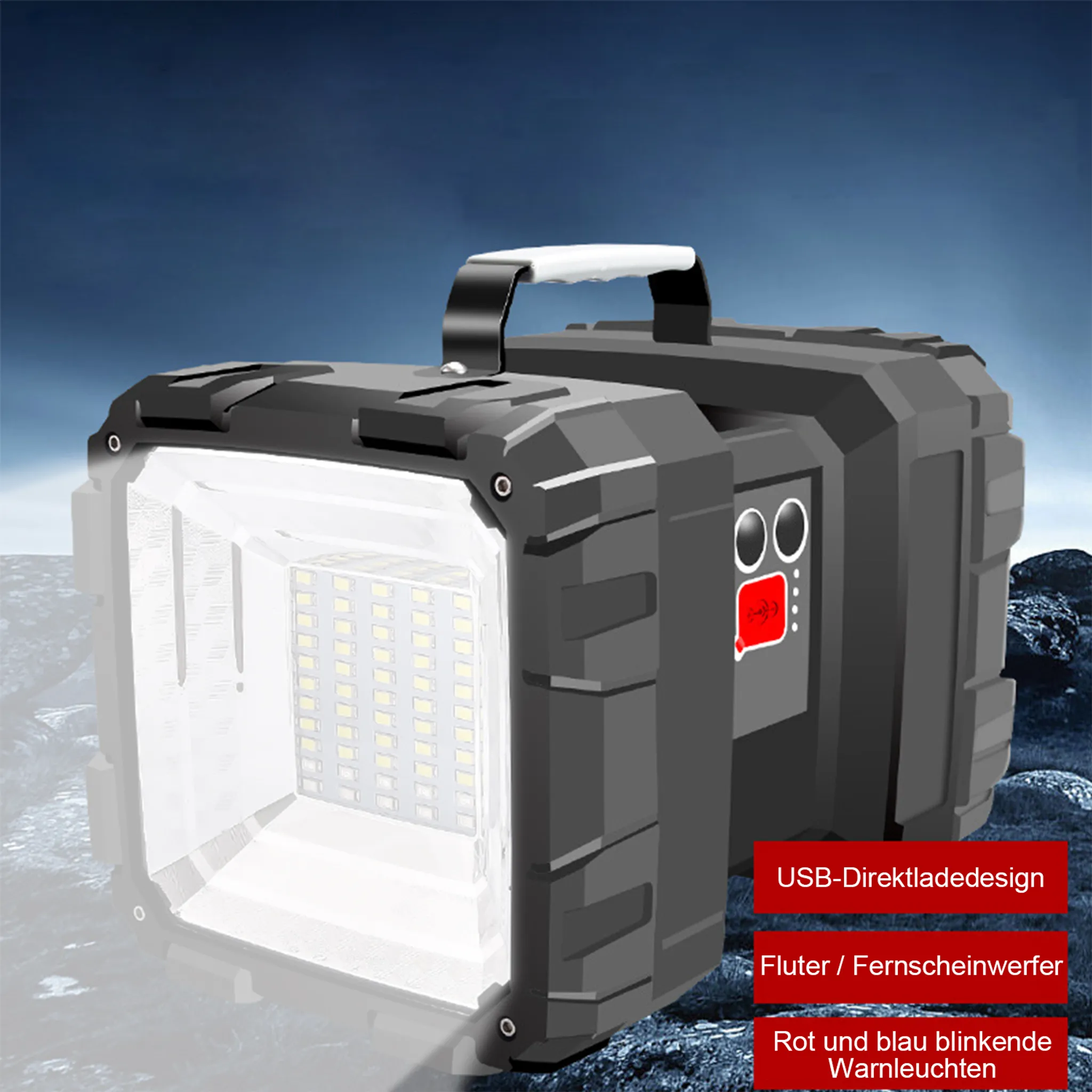 Schwarze und graue Taschenlampe mit weißem Griff. Die Taschenlampe hat helle LEDs, Knöpfe und rote Lichter an der Seite.