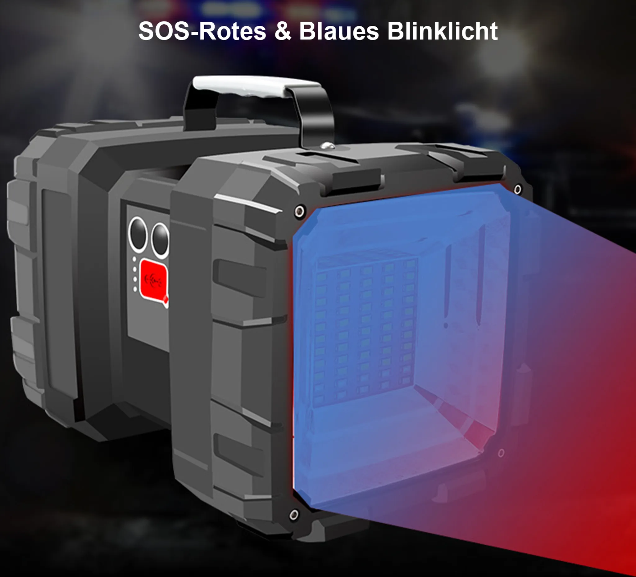 Ein schwarzes Notlicht mit roten und blauen Blinklichtern. Es hat einen Griff und ein SOS-Symbol.