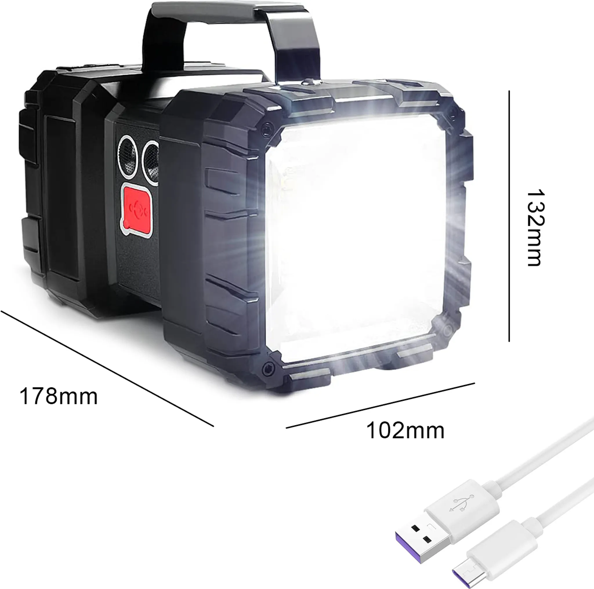 Schwarze Taschenlampe mit Maßen, helles Licht. USB-Kabel sind unten rechts.