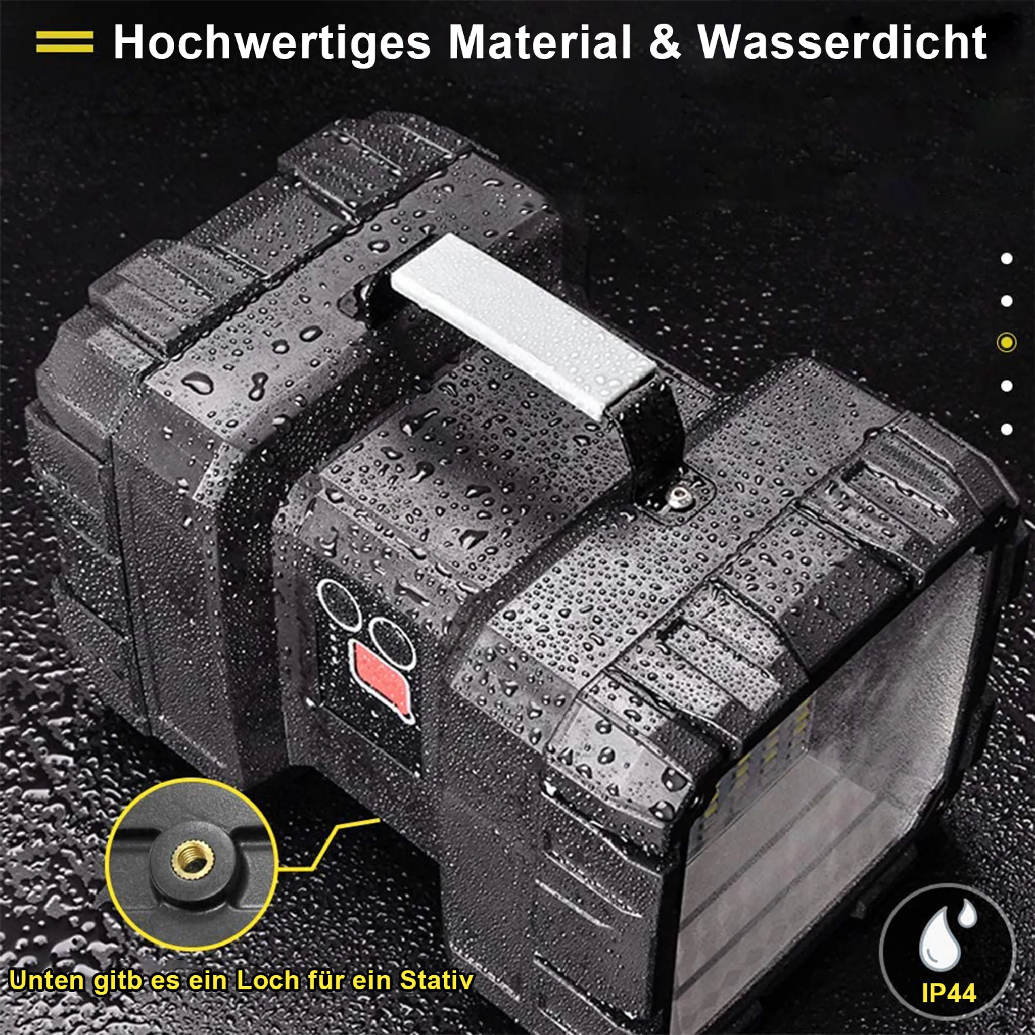 Schwarze wasserdichte Taschenlampe mit Griff, Wassertropfen und Text. Enthält eine IP44-Bewertung und ein Stativloch.