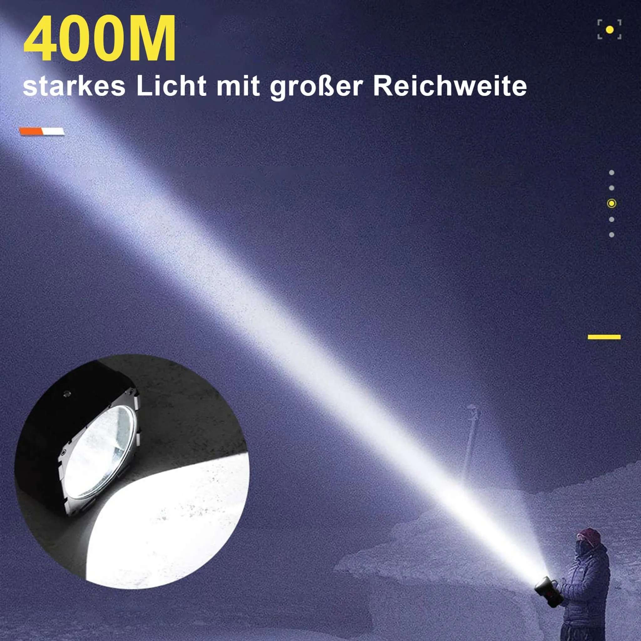 Eine Person hält eine Taschenlampe und beleuchtet eine verschneite Szene. Die Überschrift lautet '400M starkes Licht mit großer Reichweite'.