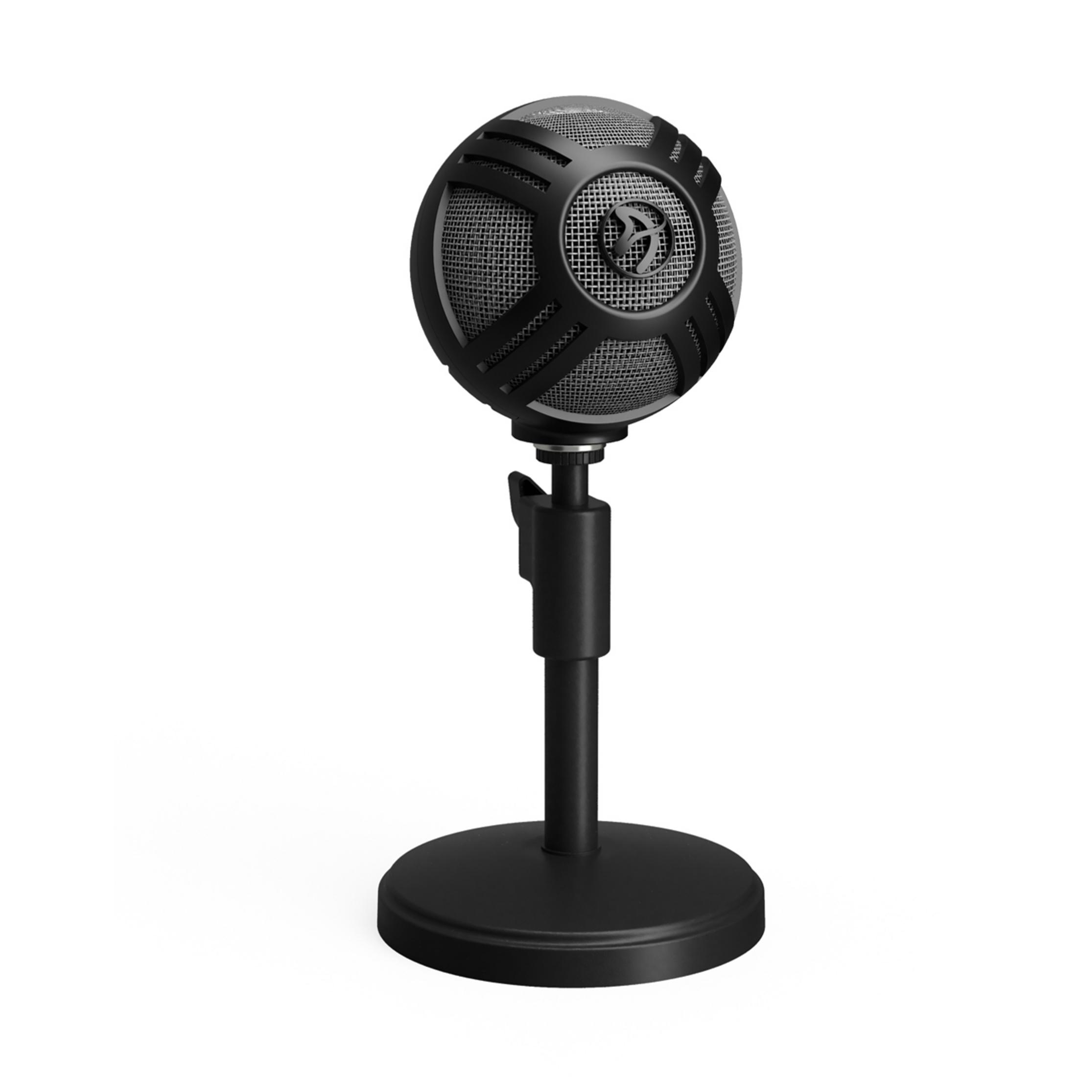 Een zwarte microfoon met een ronde kop en een standaard op een witte achtergrond. De microfoon heeft het merklogo.