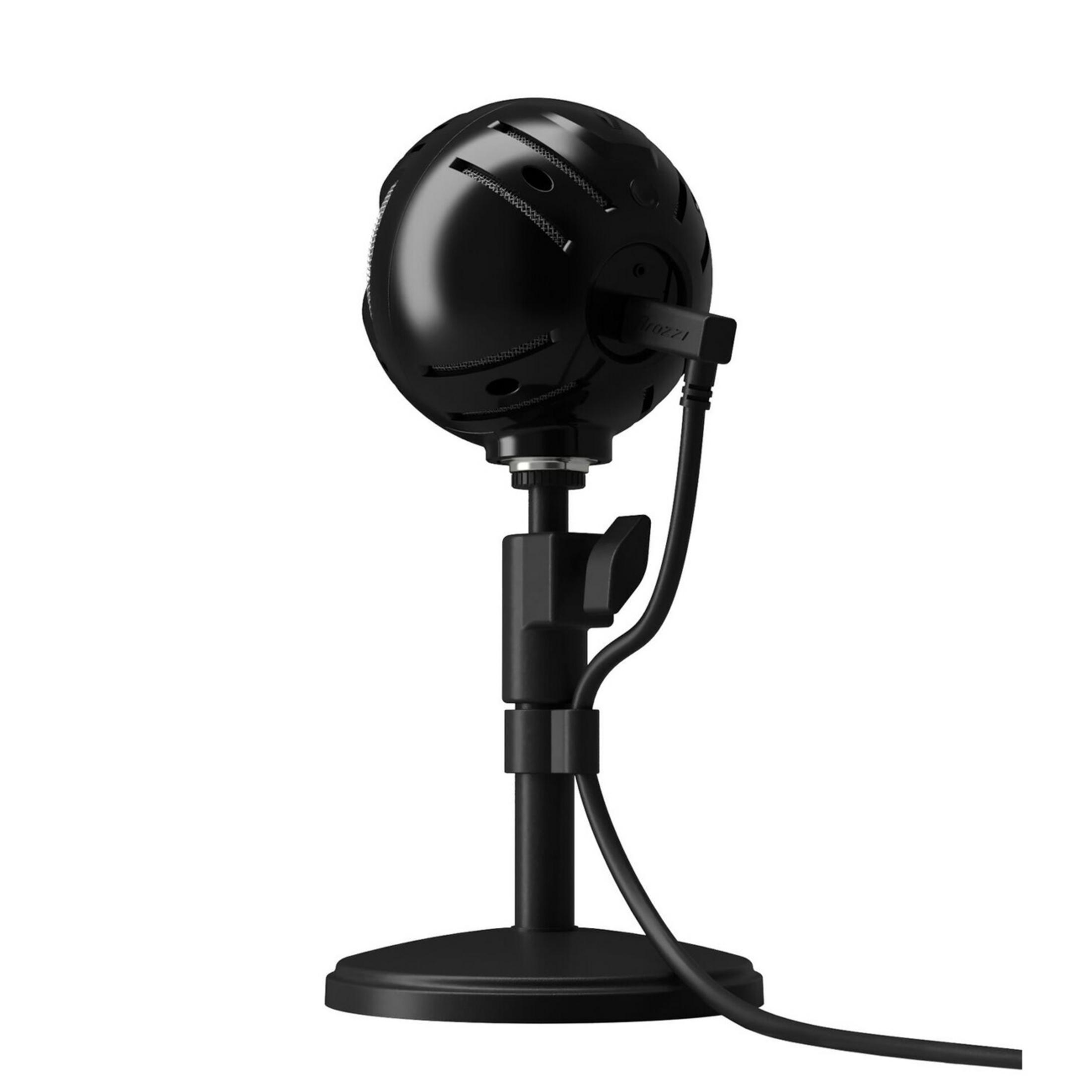 Een zwarte microfoon met een ronde kop, op een zwarte standaard en basis, met kabel.