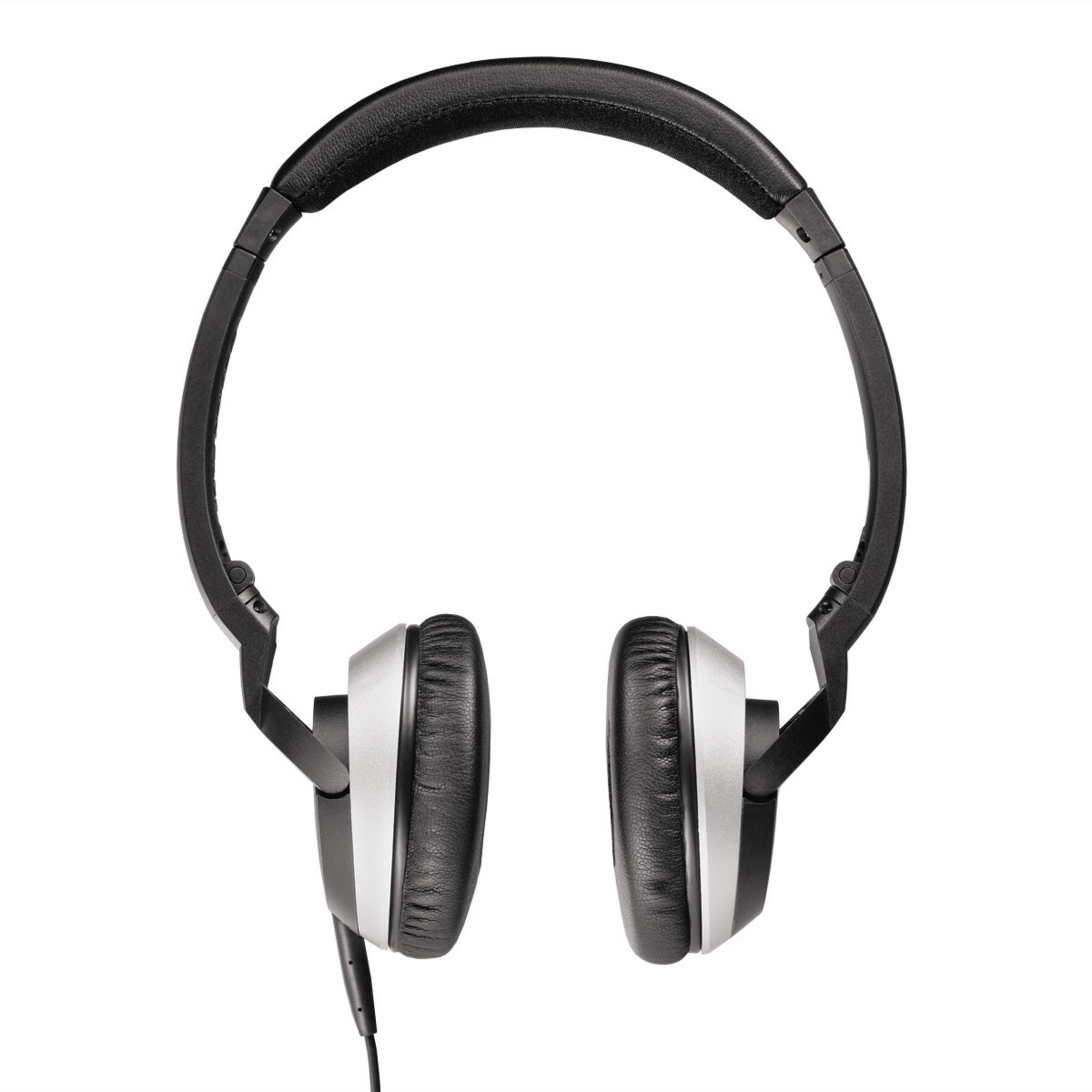 Over-Ear-Kopfhörer. Schwarzes Kopfband, Ohrmuscheln mit silbernen Akzenten. Schwarzes Kabel erstreckt sich nach unten. Weißer Hintergrund.