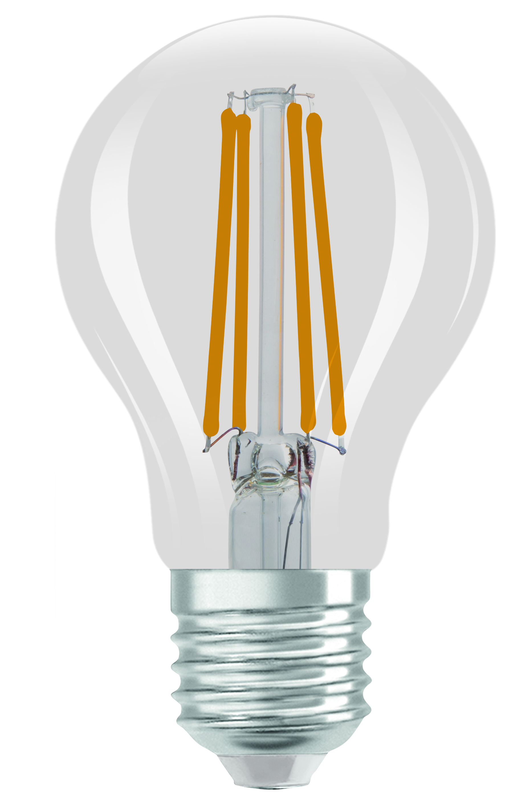 Una lampadina a LED trasparente con filamenti arancioni all'interno. Ha una base argentata e un vetro trasparente e arrotondato.