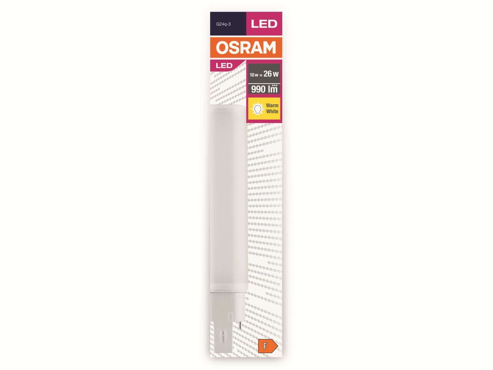 Eine Osram LED-Glühbirnenverpackung. Die Verpackung ist weiß und enthält Produktinformationen. Sie zeigt die Marke Osram und die Energieeffizienz.