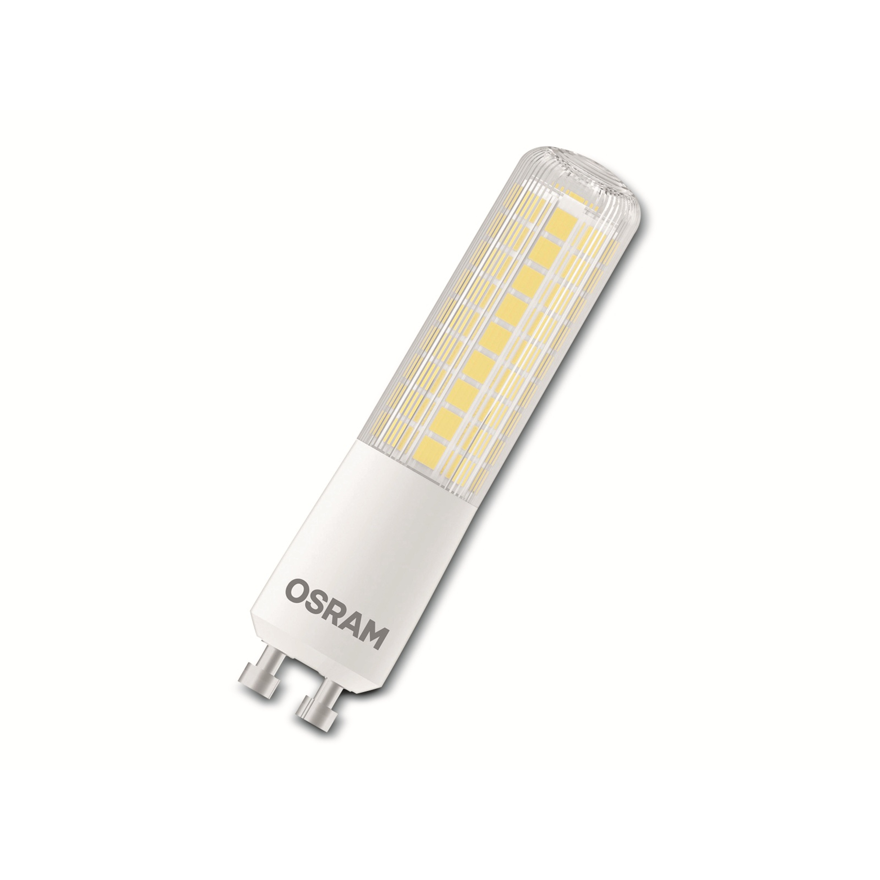 Eine weiße LED-Glühbirne mit dem Logo 'OSRAM' auf weißem Hintergrund. Die Birne hat eine klare Oberseite und zwei Stifte.