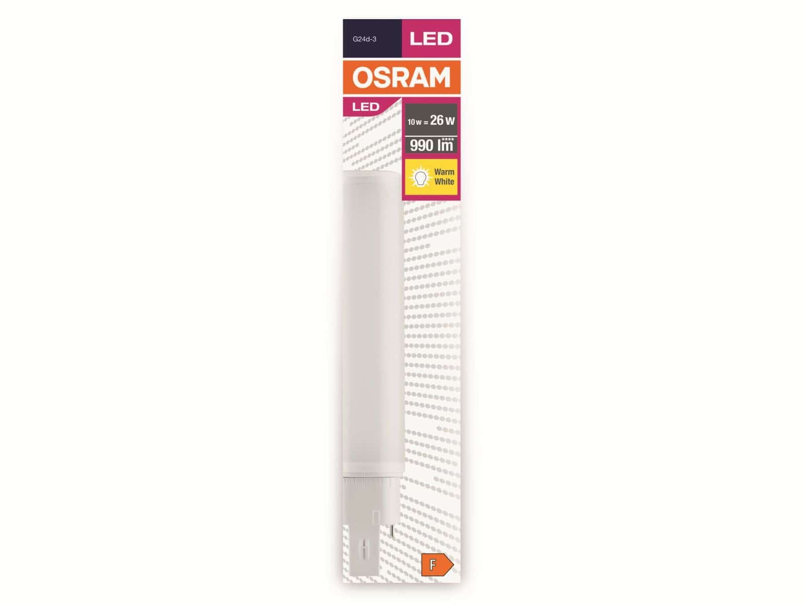 Eine vertikal angezeigte OSRAM LED-Glühbirnenverpackung. Sie zeigt die Glühbirne, den Markennamen, Spezifikationen und das Energieeffizienzlabel.
