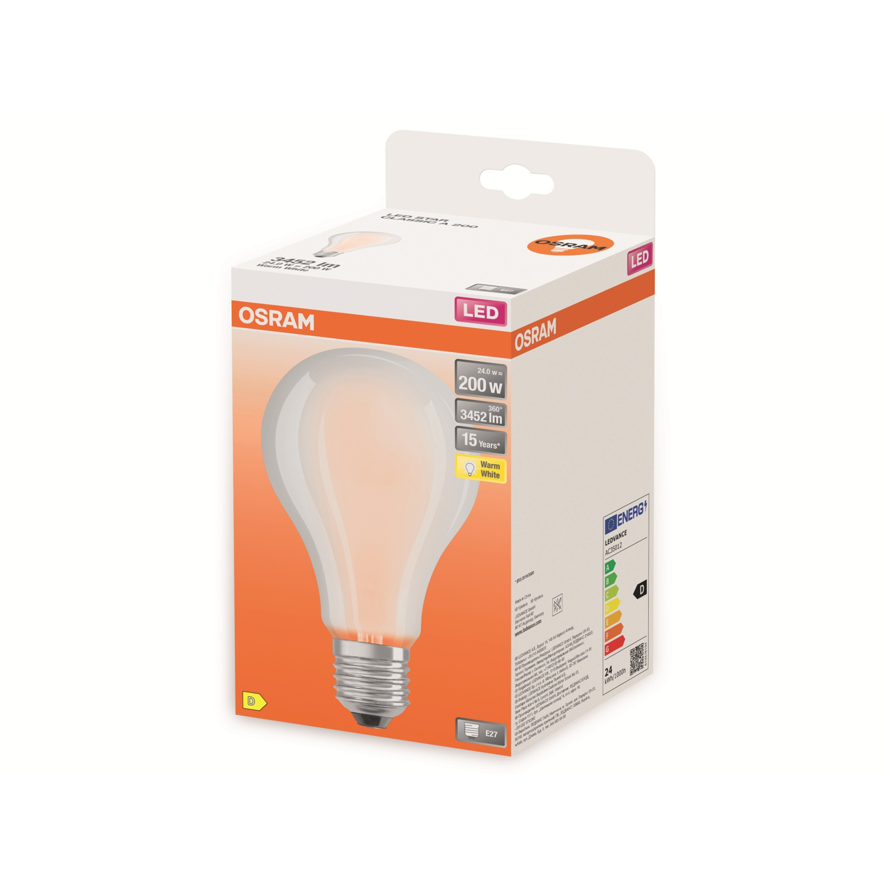 Scatola lampadina LED OSRAM. Include immagine lampadina, marchio e dettagli efficienza energetica. Schema colori arancione e bianco.