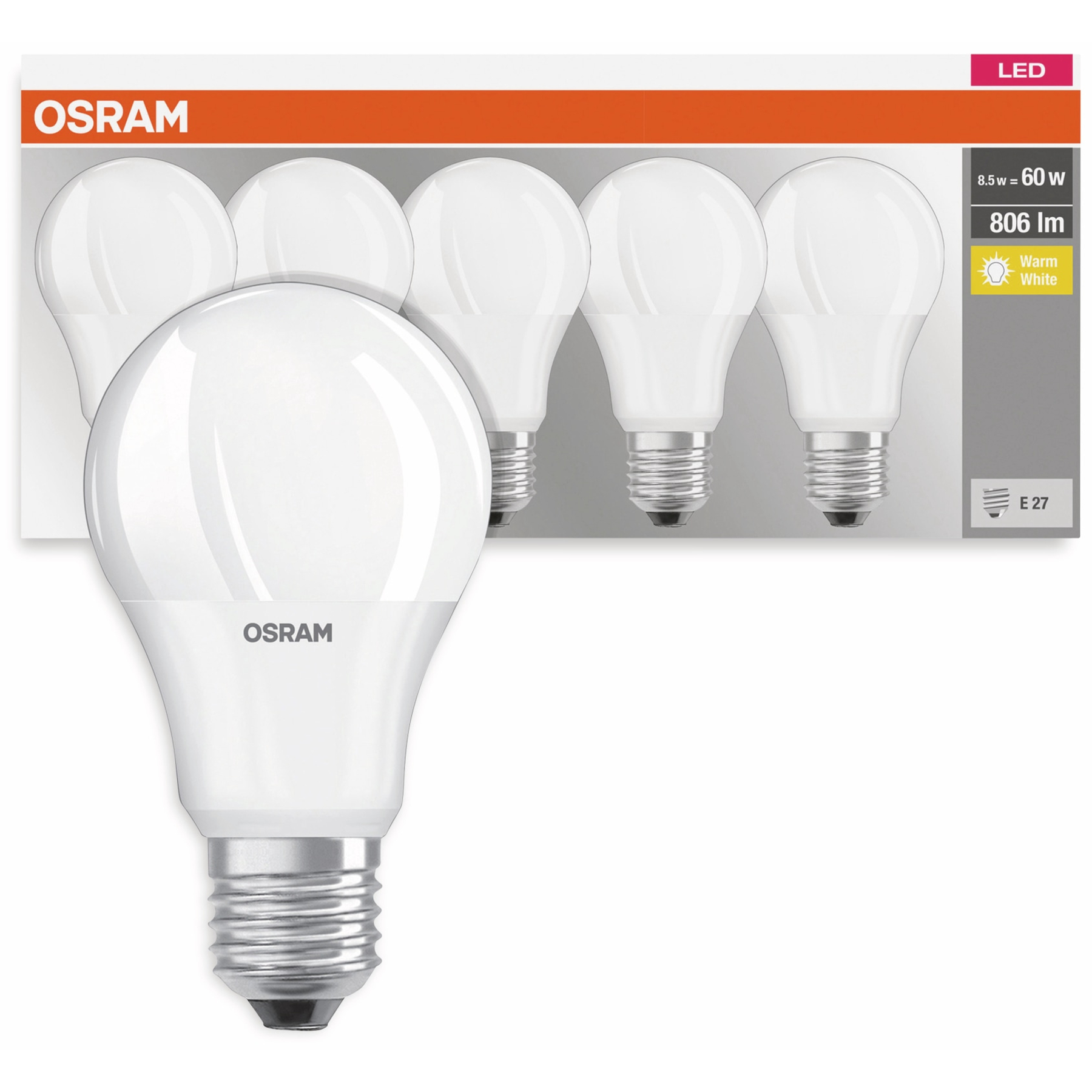 Żarówki LED OSRAM. Białe żarówki w opakowaniu, jedna z przodu. Specyfikacja: 8,5w = 60w, 806 lm, ciepła biel, trzonek E-27.
