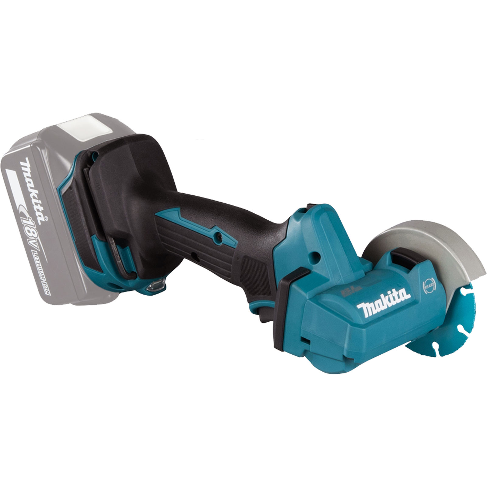 Ein kabelloser Makita-Winkelschleifer mit einem schwarzen und teal-farbenen Gehäuse und einer silbernen Trennscheibe. Eine graue Batterie ist angebracht.
