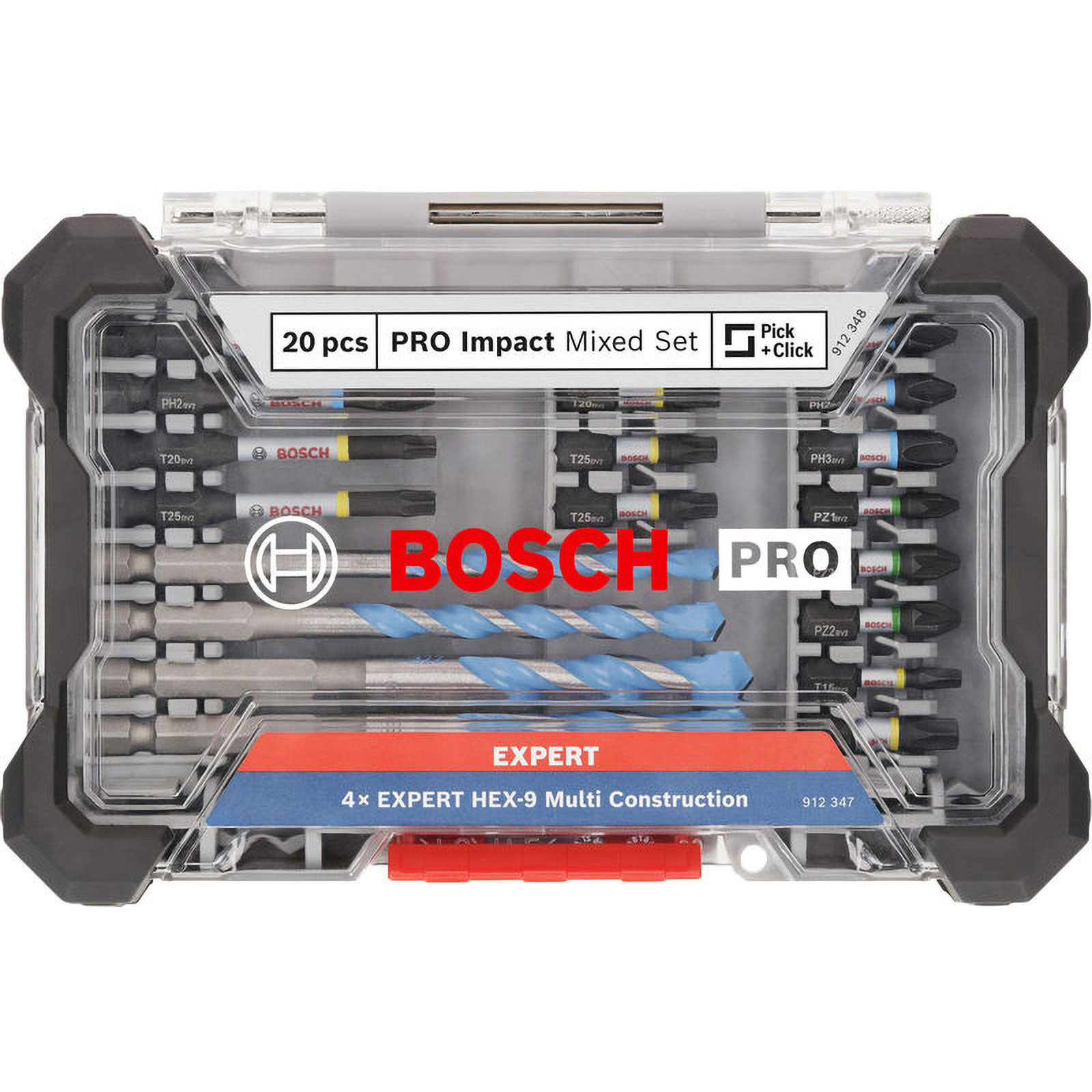 Eine transparente Hülle enthält ein 20-teiliges Bosch Pro Impact Mixed Set mit Bohreinsätzen. Das Etikett lautet 'Expert' und 'HEX-9 Multi Construction'.