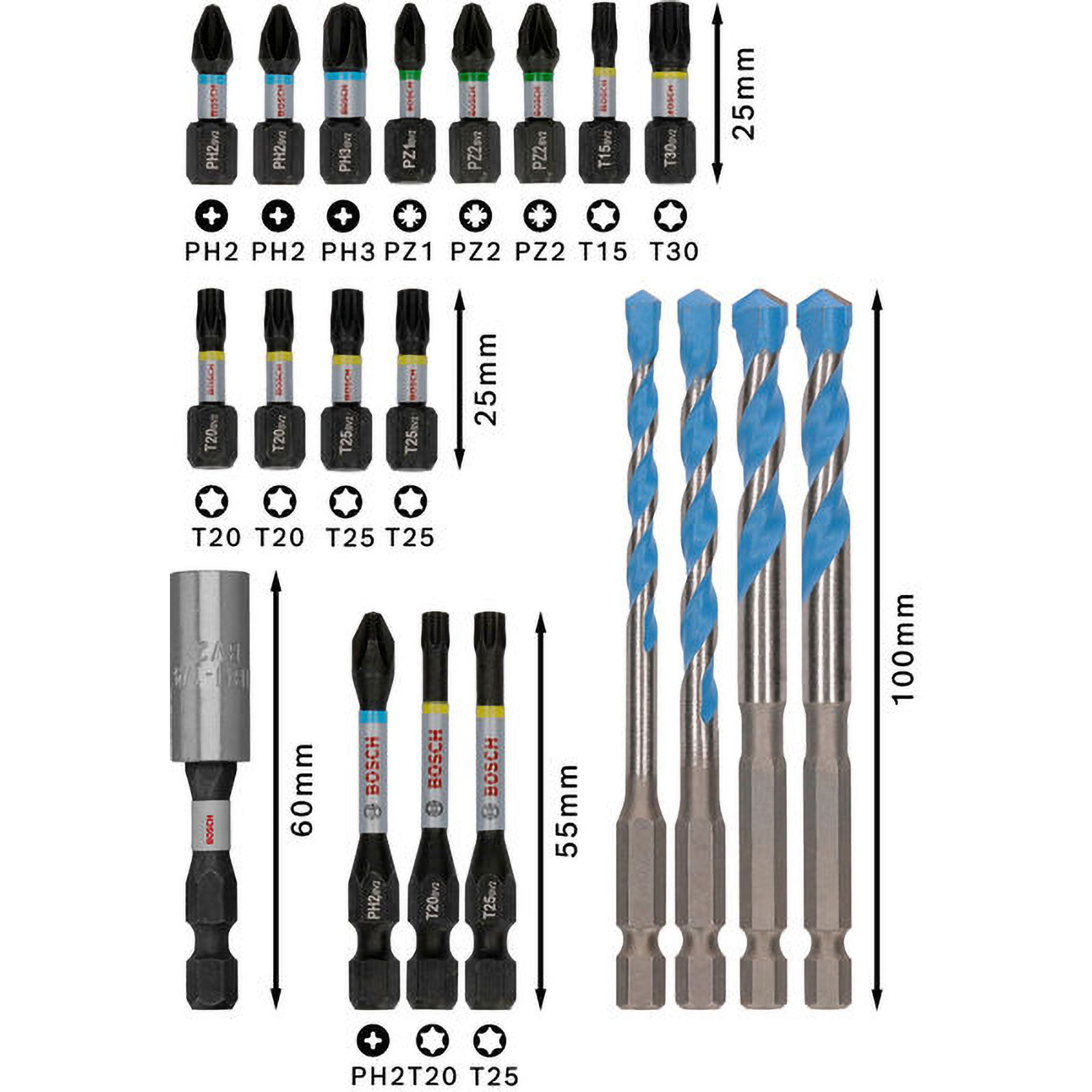 Das Bild zeigt verschiedene Bohrer und Schraubendreherbits. Sie sind schwarz und silber mit blauen Akzenten, beschriftet mit Größen.