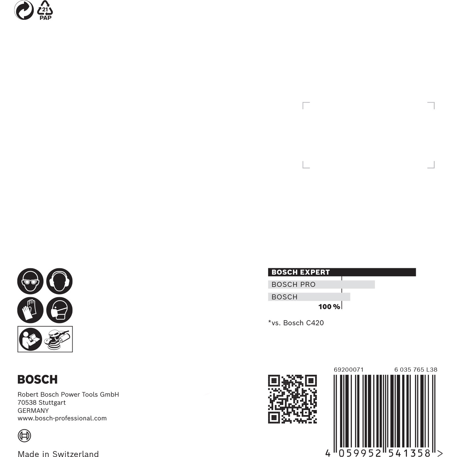 Weißer Hintergrund mit Bosch-Logo, Sicherheitssymbolen und Produktinformationen. Enthält einen Barcode und Recyclingsymbole.