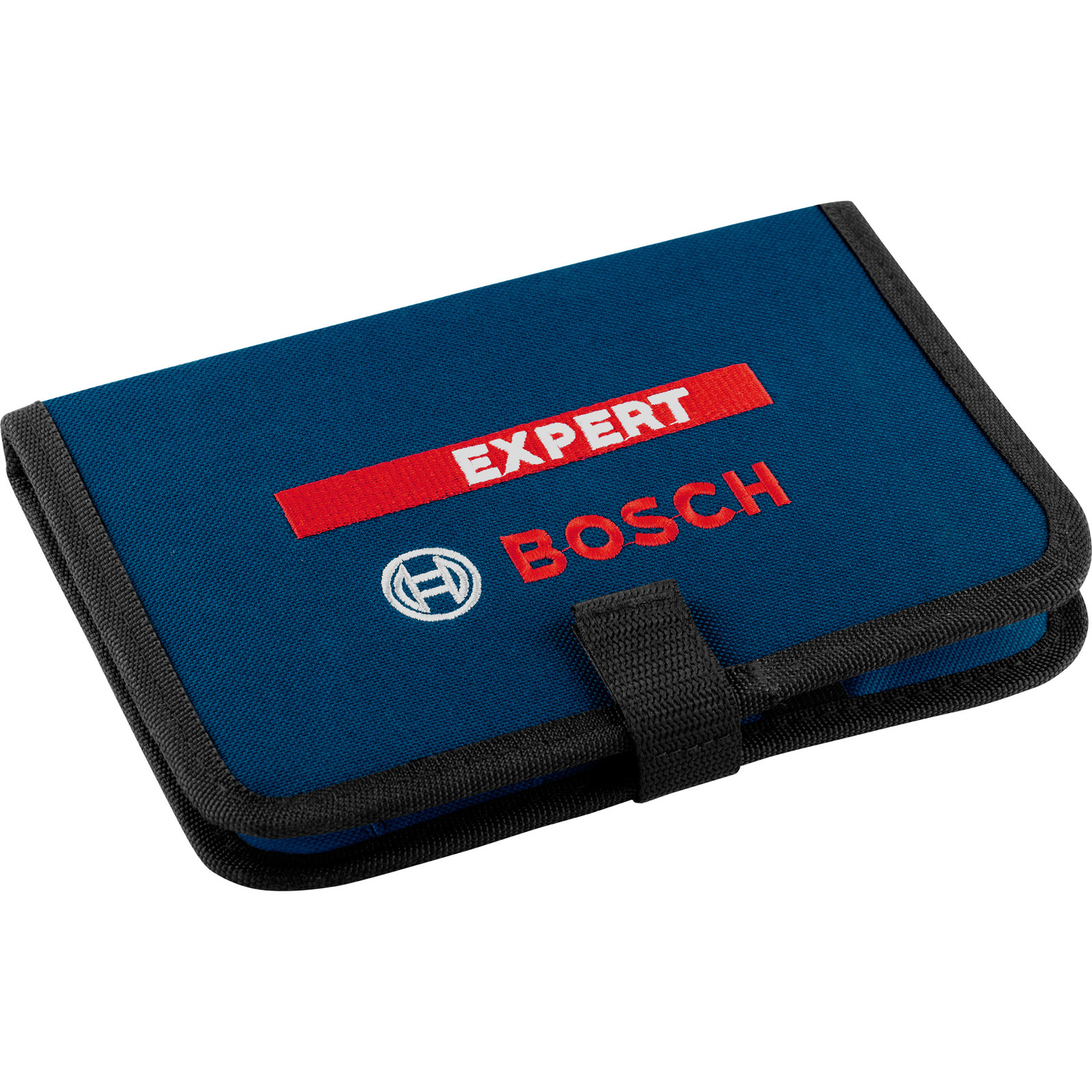 Niebieskie etui z czarnym obramowaniem. Czerwony tekst brzmi 'EXPERT Bosch'. Widoczne logo Bosch. Etui ma czarny pasek.