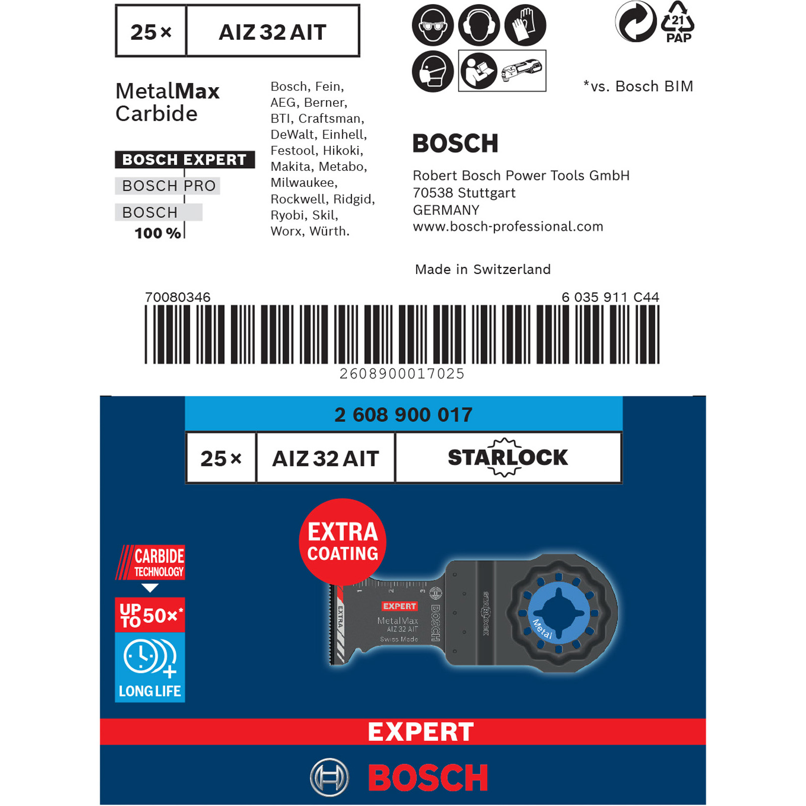 Eine Bosch-Produktverpackung mit MetalMax Carbide-Klinge. Enthält Produktdetails, Markenlogos und technische Informationen.