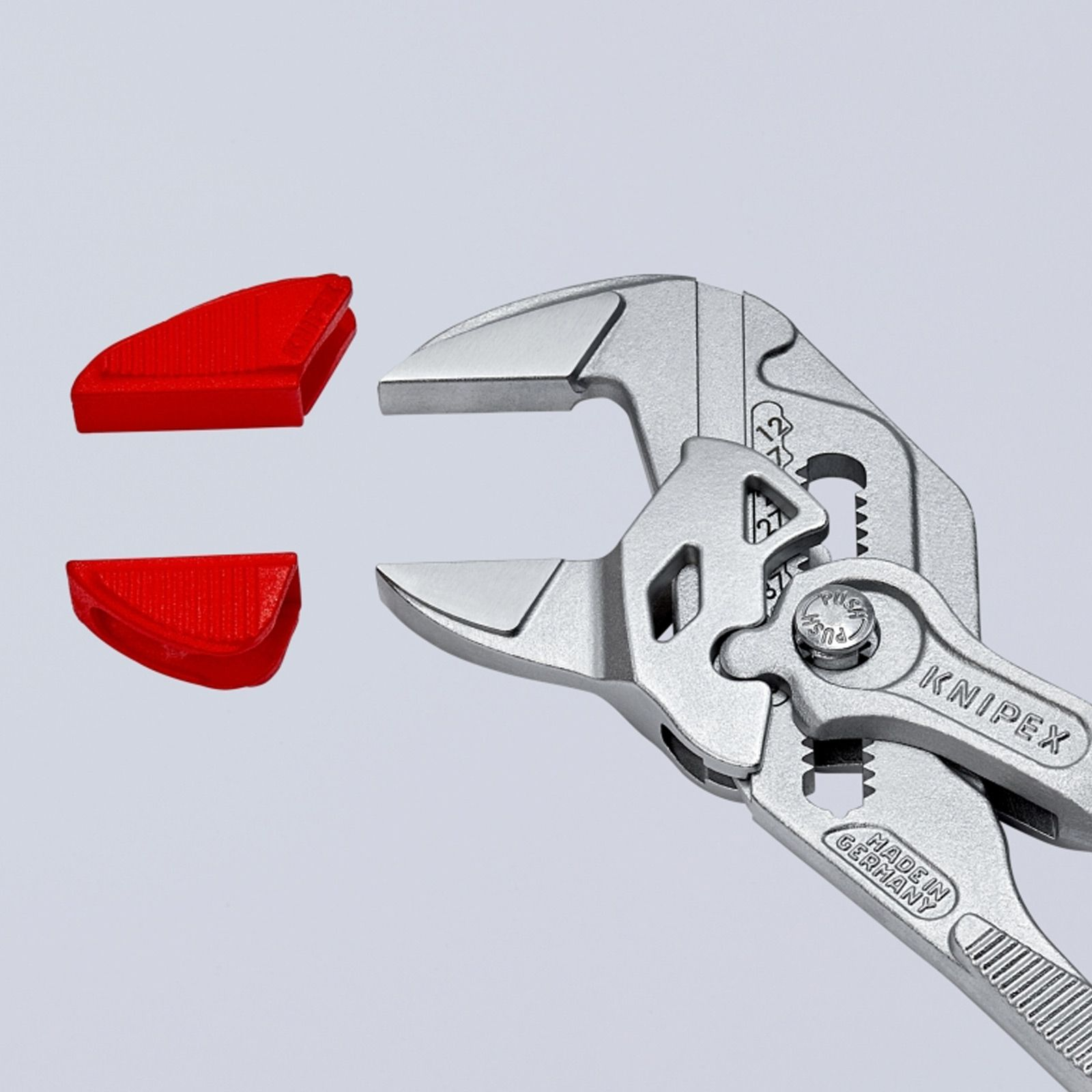 A Knipex pliers with two red protective caps. Made in Germany. Gray background.
