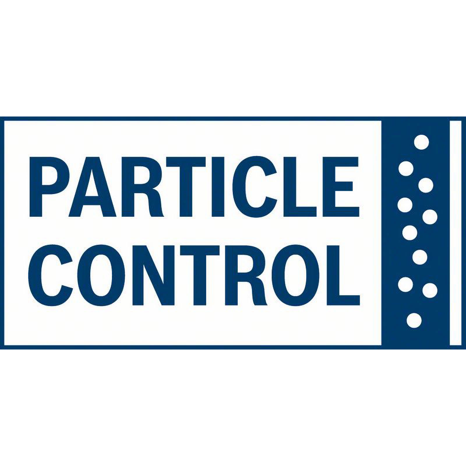 Un rettangolo bianco con la scritta blu 'PARTICLE CONTROL'. Una striscia verticale blu a destra con punti bianchi.