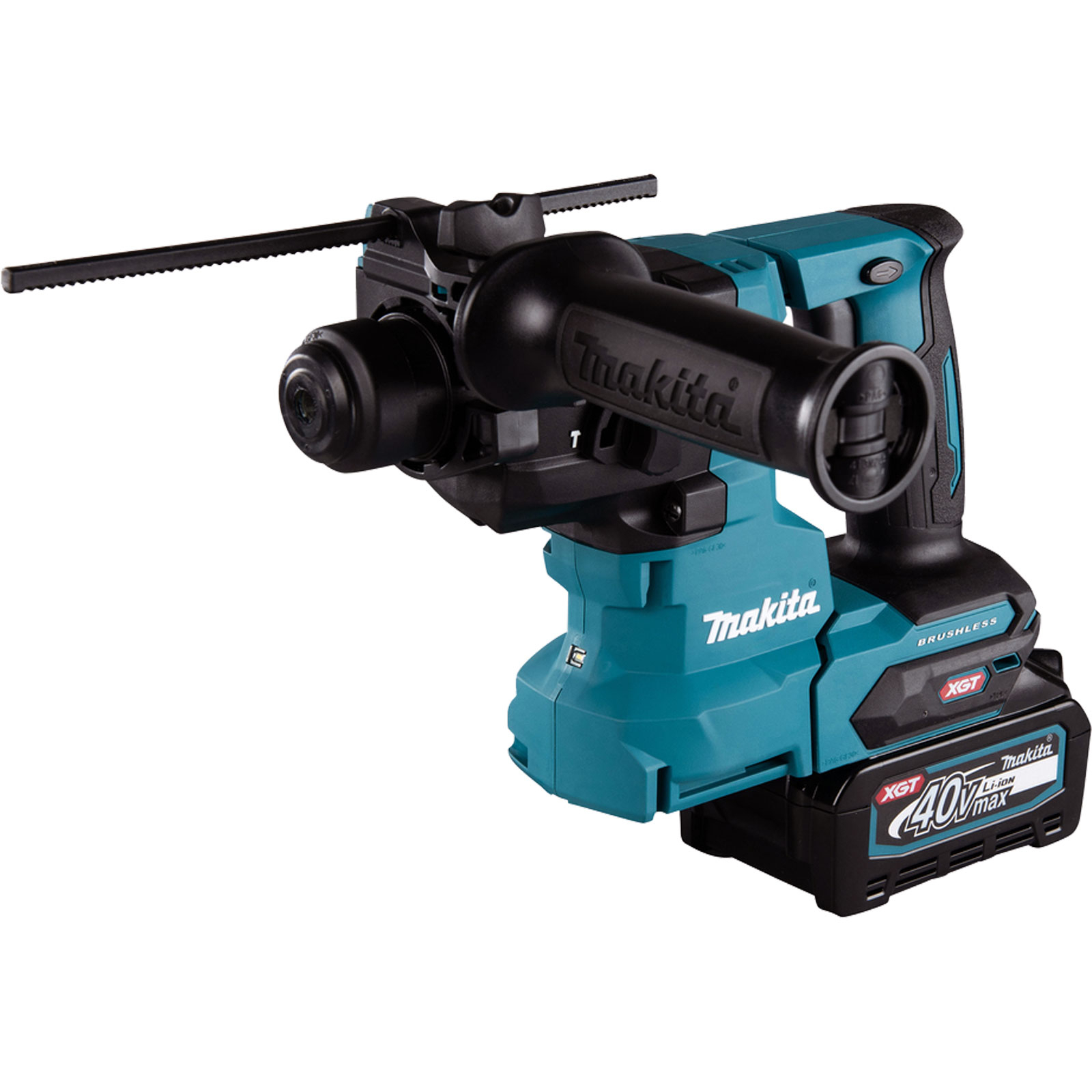 Ein teal-schwarzer Makita Akku-Bohrhammer. Er verfügt über einen Akku, einen Seitengriff und das Makita-Logo.