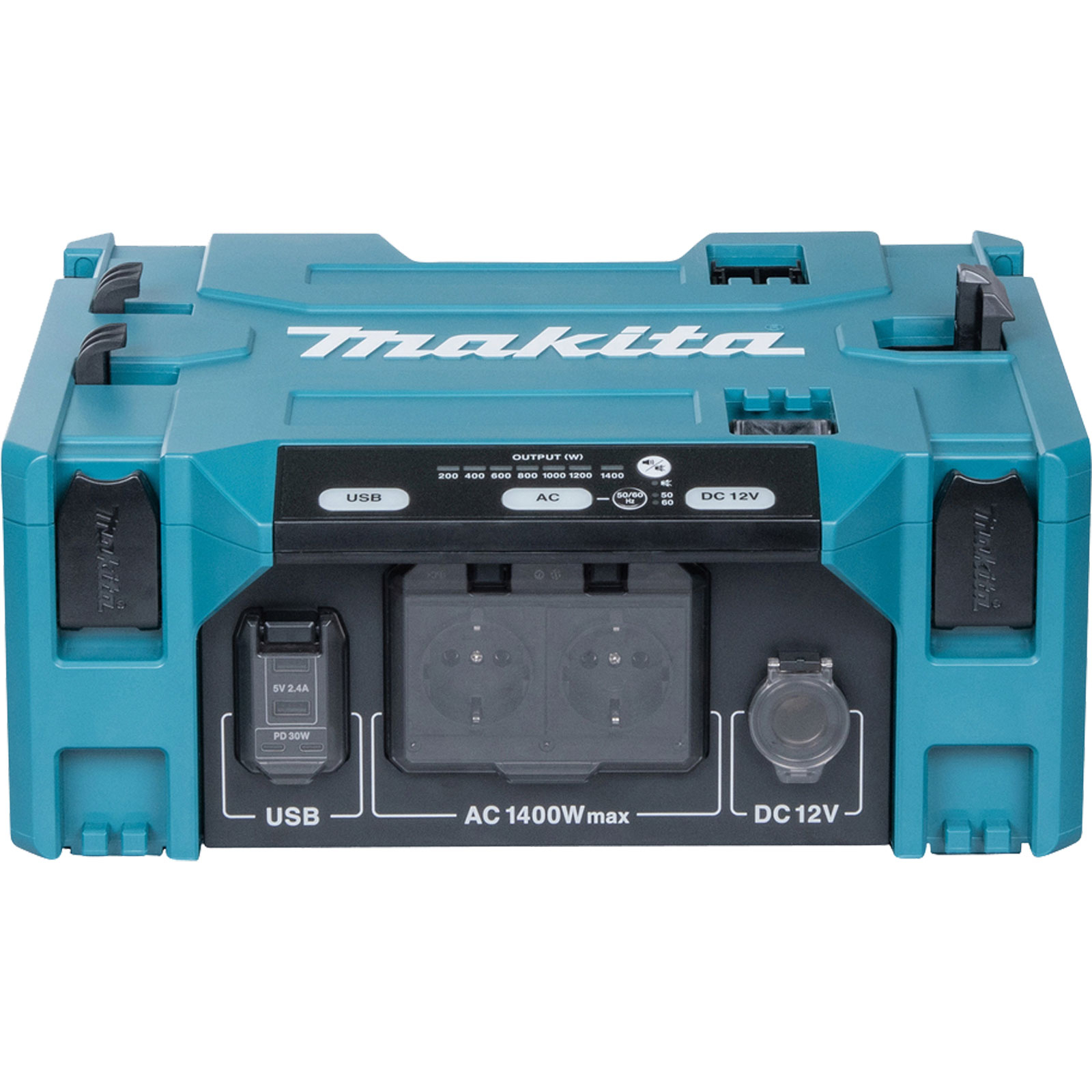 Eine türkisfarbene Makita-Stromstation mit USB-, AC- und DC-Ausgängen. Zu den Merkmalen gehören ein Display und das Makita-Logo.
