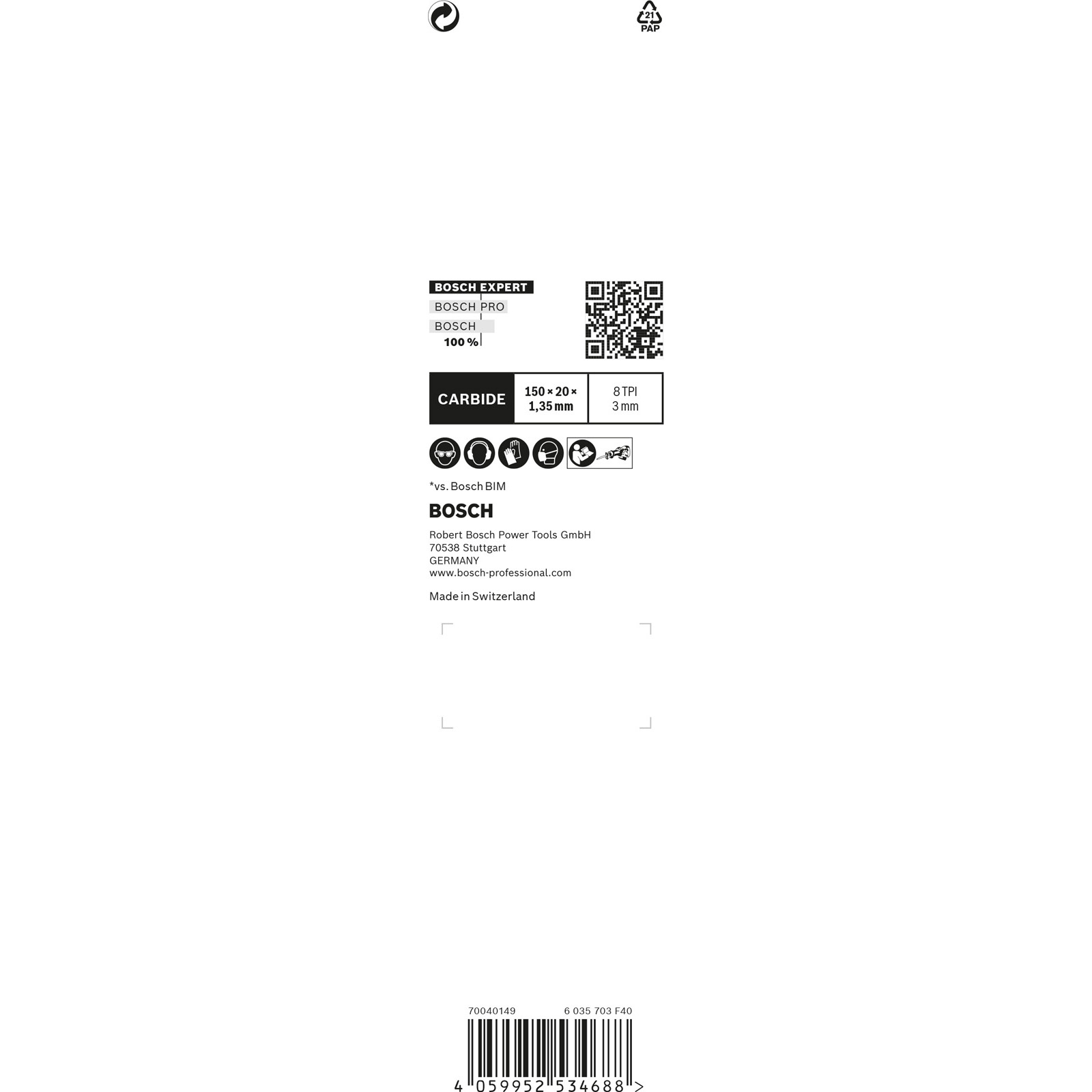 Biała informacja o produkcie z logo Bosch, kodem QR oraz szczegółami dotyczącymi pomiarów węglika i ikonami bezpieczeństwa.