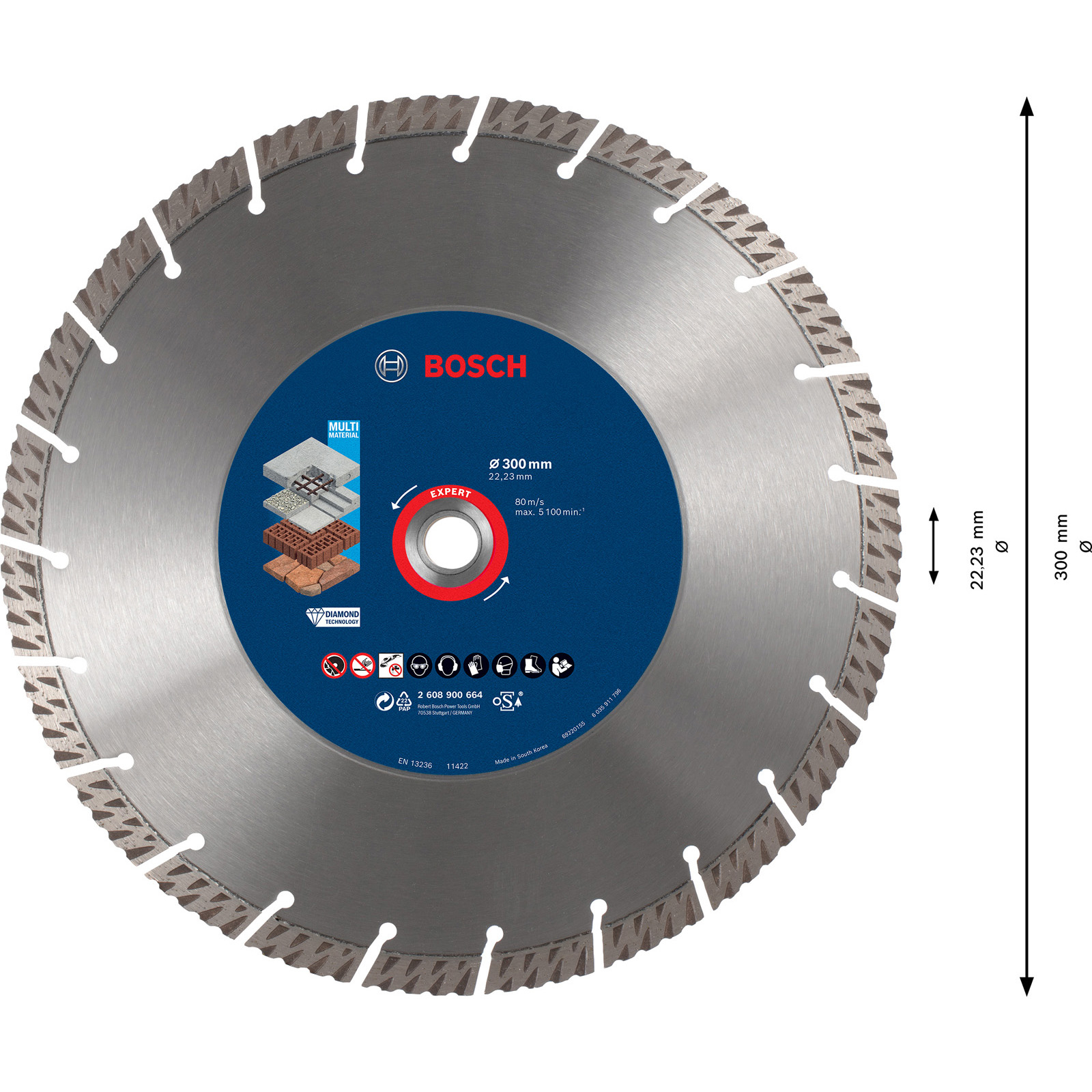 Ein Bosch-Kreissägeblatt mit Diamanttechnologie, zum Schneiden von Multi-Materialien. Enthält Größenangaben und Sicherheitshinweise.