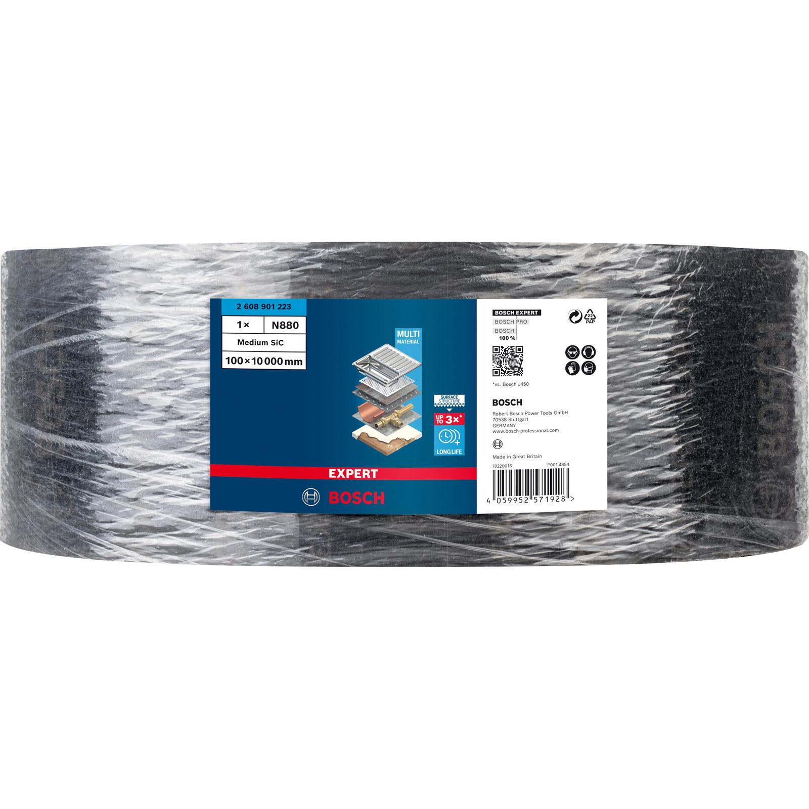 Eine Rolle schwarzes Schleifpapier mit Produktinformationen. Ein Bosch Expert Produkt.