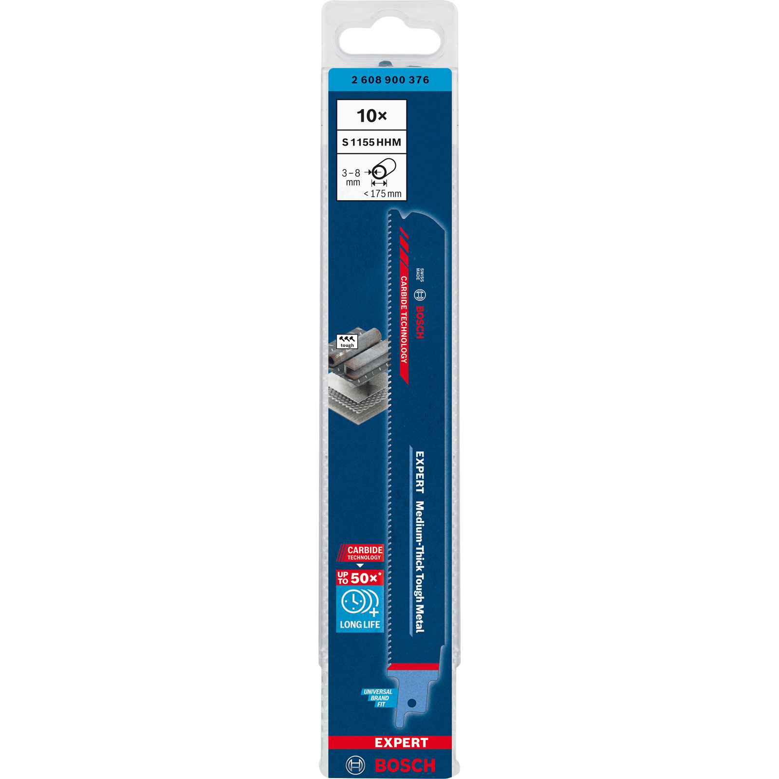 Confezione di lame per seghetto Bosch EXPERT. Caratteristiche: Carbide Technology, Long Life e Universal Brand Fit. Imballaggio blu e bianco.