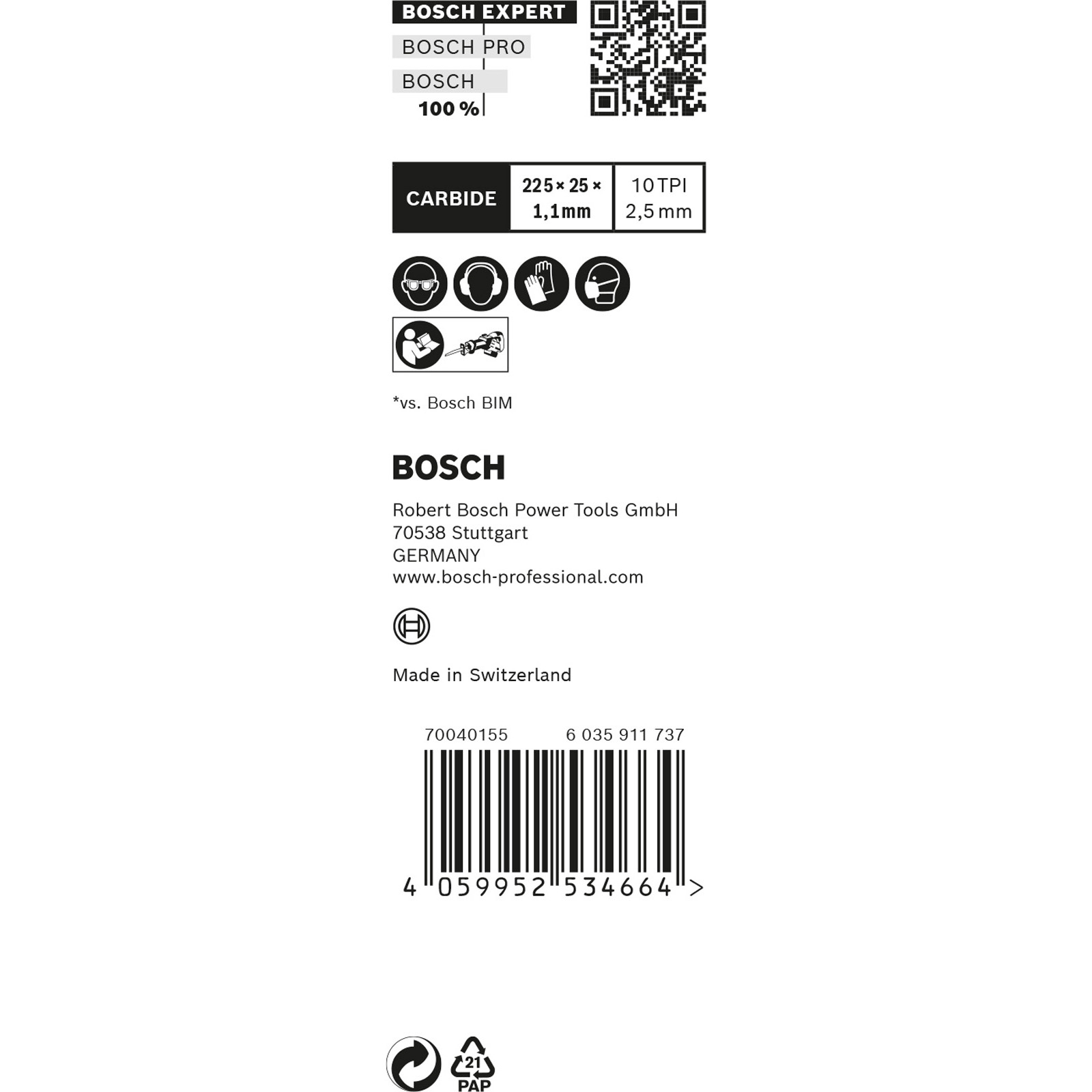 Sfondo bianco con logo Bosch, dettagli del prodotto, icone di sicurezza e codice a barre. Il testo include 'CARBIDE', dimensioni e 'Made in Switzerland'.