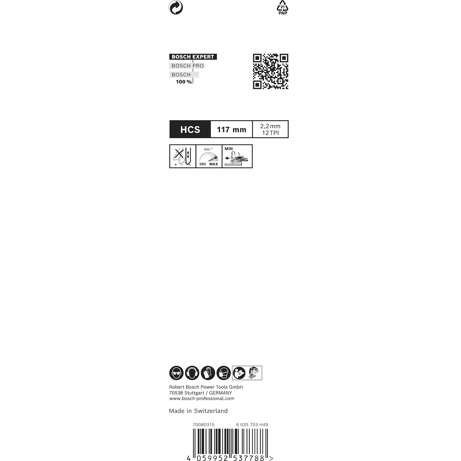 Białe tło z logo Bosch Expert i szczegółami produktu. Zawiera wymiary, schematy i kod kreskowy.