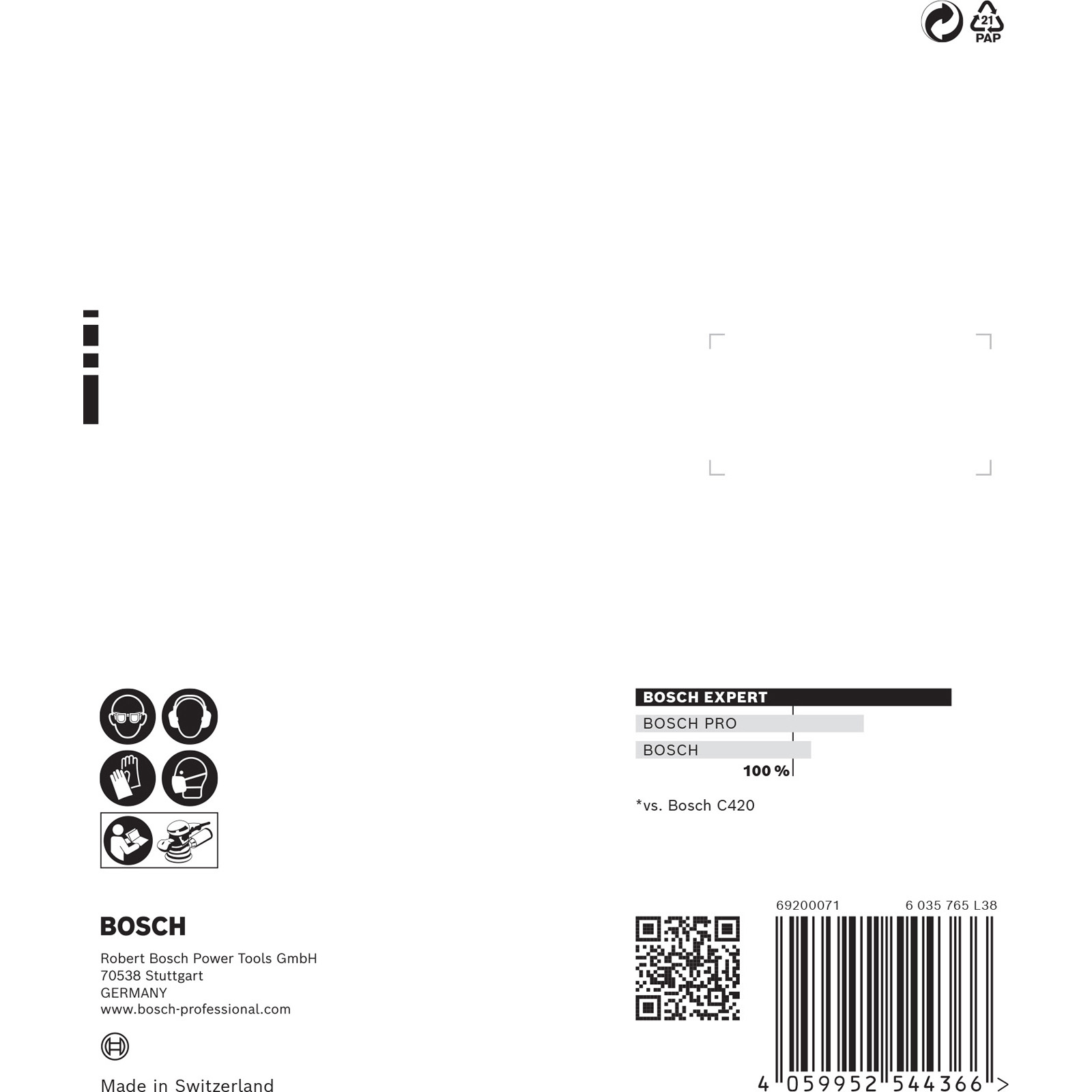 Weißer Hintergrund mit Bosch-Logo, Sicherheitssymbolen und Produktinformationen. Enthält einen Barcode und ein Recyclingsymbol.