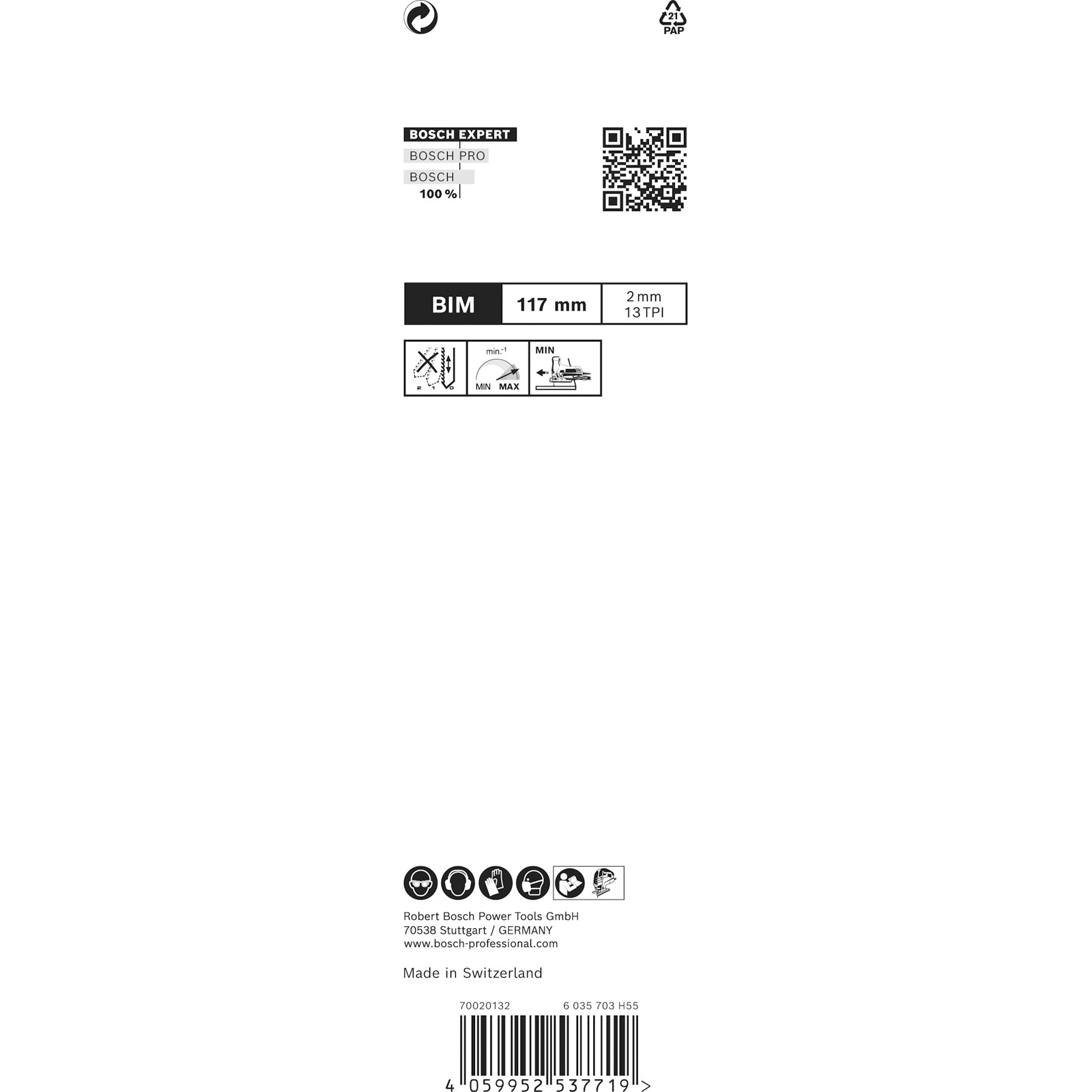 Sfondo bianco con info prodotto Bosch. Include BIM, dimensioni, codice QR e icone di sicurezza. Prodotto in Svizzera.