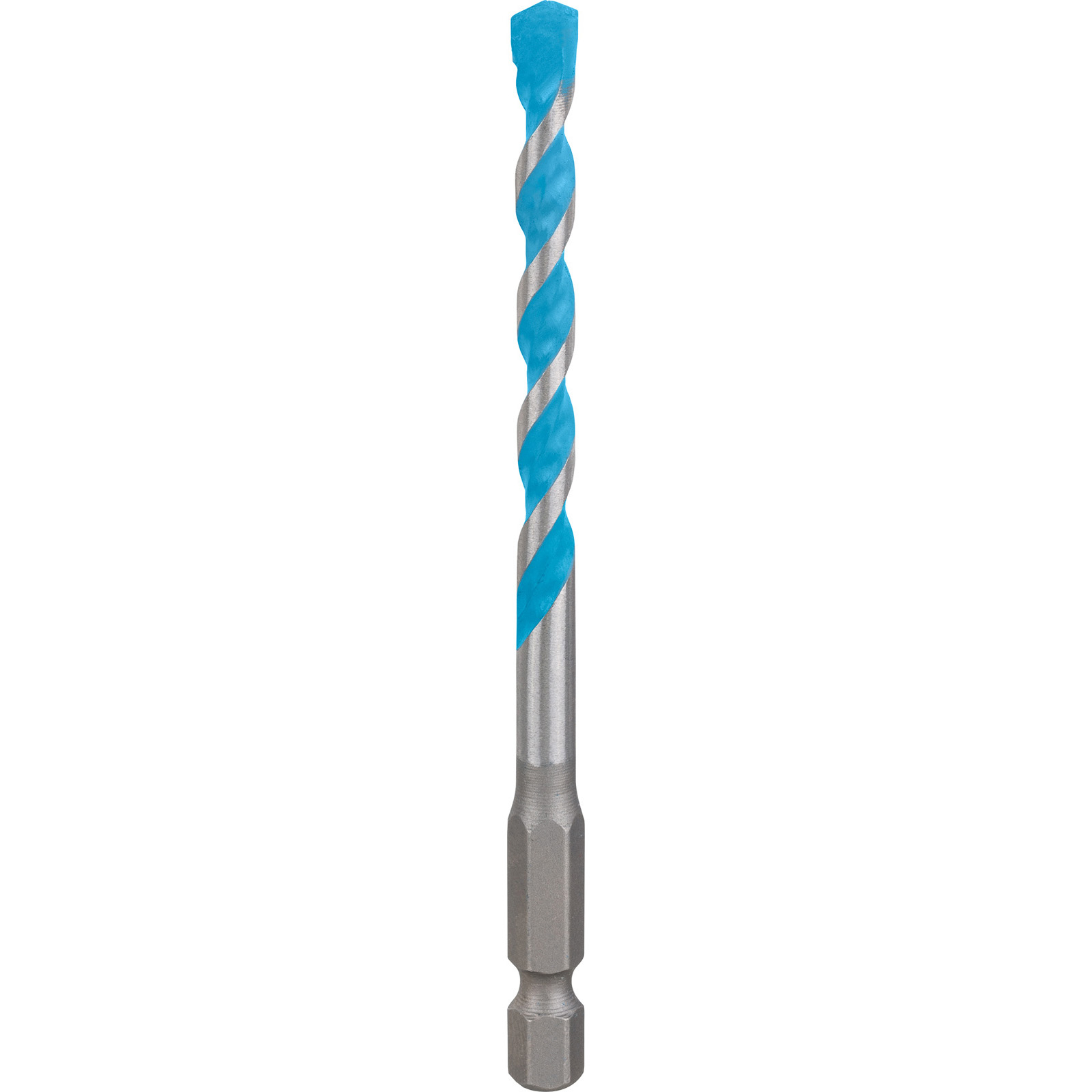 Ein Bohrer mit blauem und silbernem Spiraldesign. Die Spitze ist blau, der Körper ist silber.