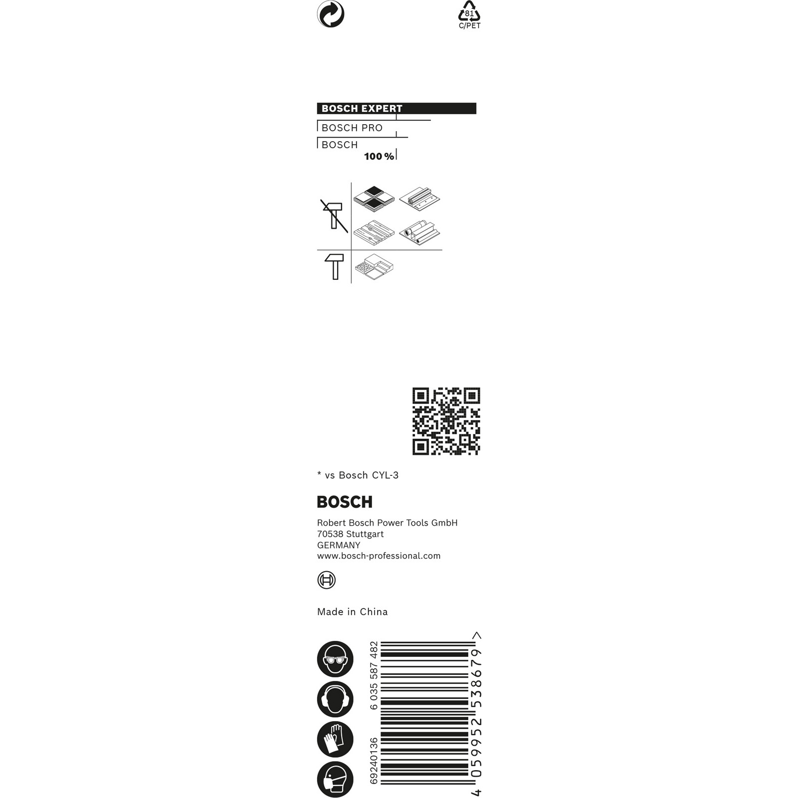 Ein weißer Hintergrund mit Logos, Text und Diagrammen. Es zeigt das Bosch-Logo, Sicherheitssymbole und einen QR-Code.