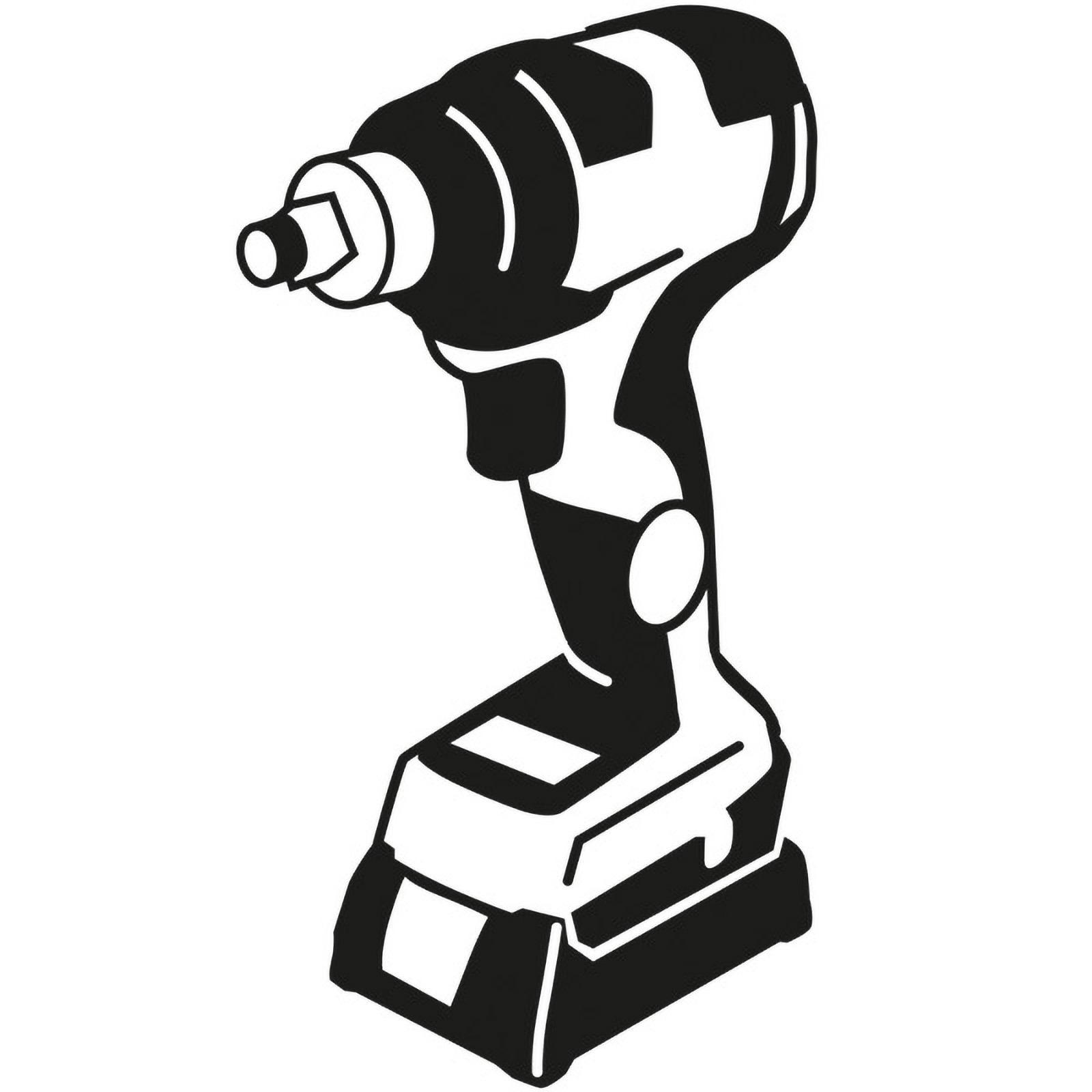 Ilustración en blanco y negro de un taladro eléctrico. El taladro tiene una base de batería y una cabeza en ángulo.