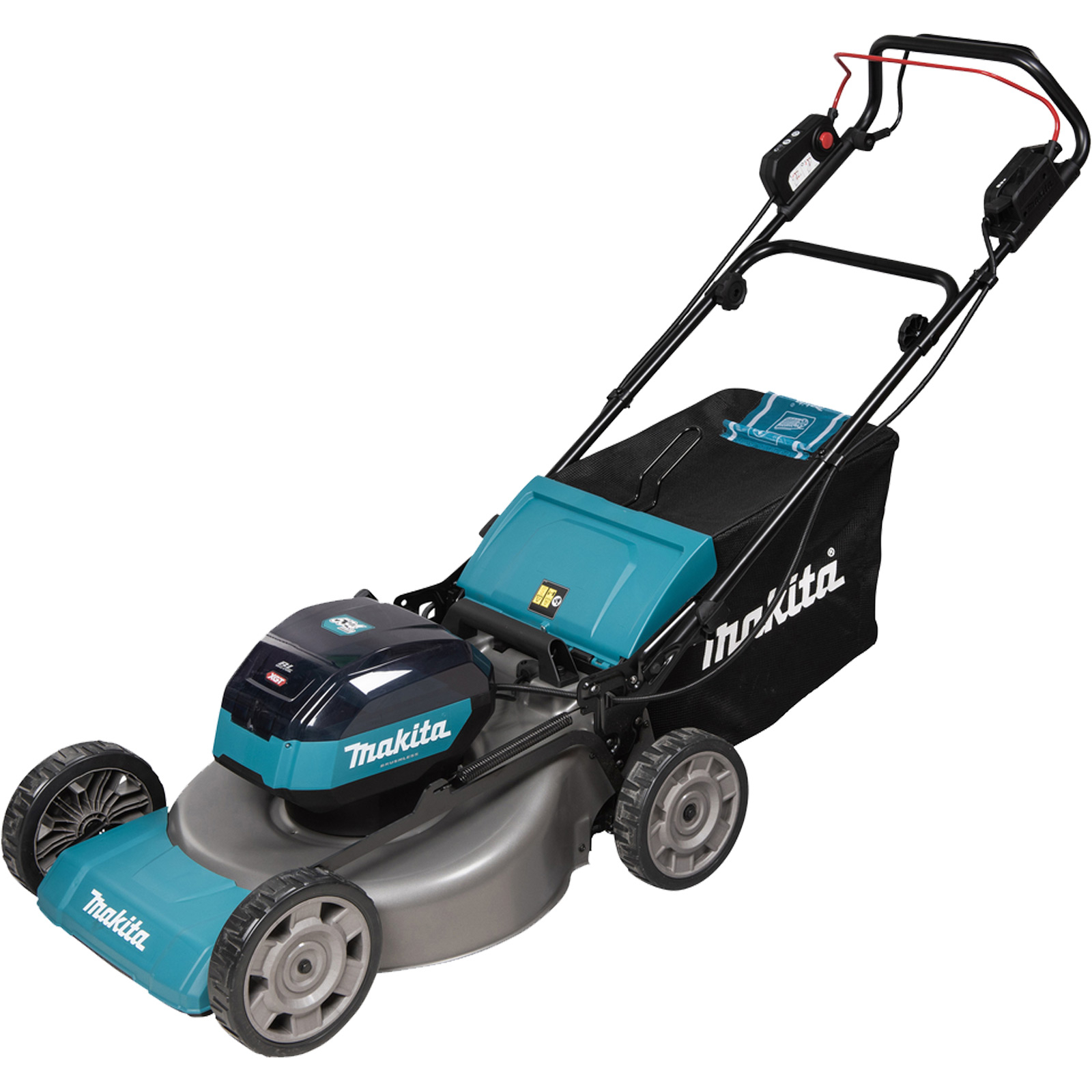 Ein kabelloser Rasenmäher von Makita. Er hat einen schwarzen Griff, einen teal- und grauen Körper und eine schwarze Grasfangtasche.