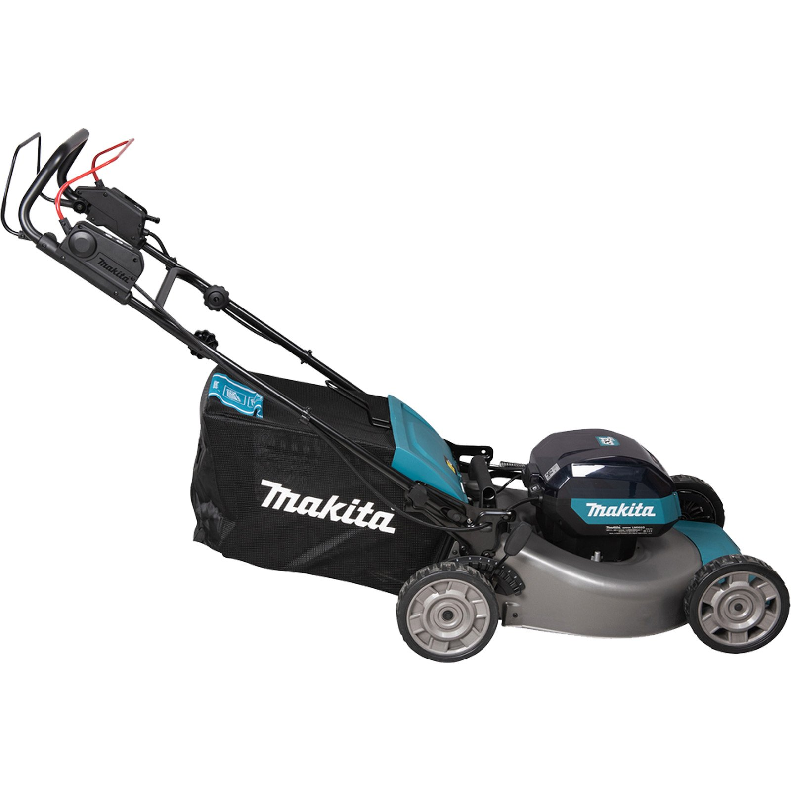 Makita Rasenmäher, schwarz und türkis mit schwarzer Tasche, auf weißem Hintergrund.