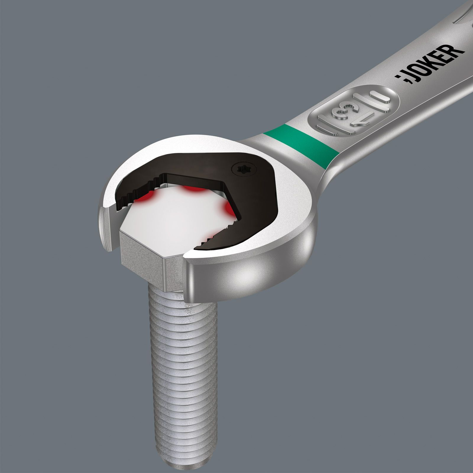 Una llave inglesa plateada con la etiqueta 'Joker' está en un perno. La llave tiene una franja verde. El fondo es gris.