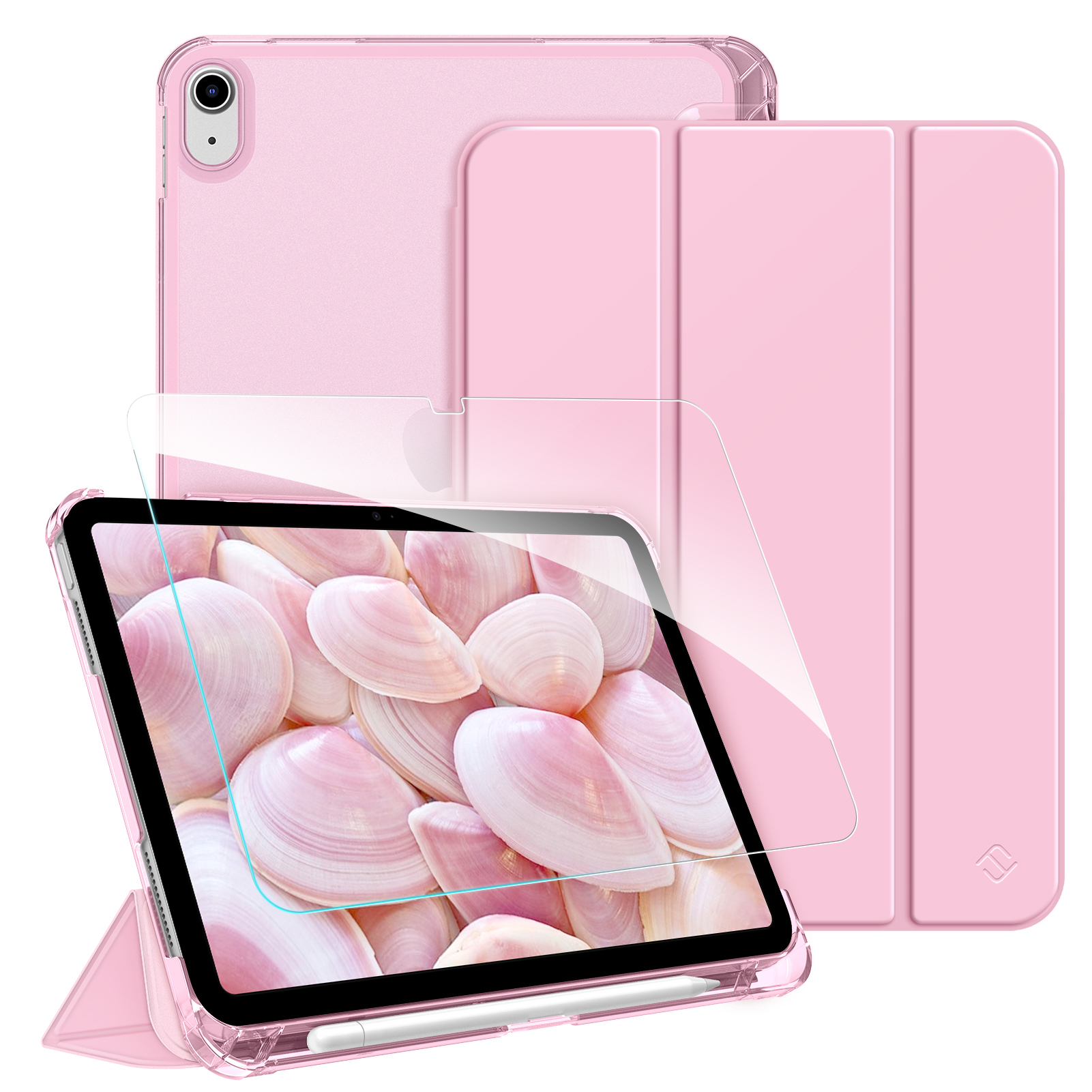 Rosa iPad mit Displayschutz und Hülle, mit einem Muscheltapeten-Hintergrund. Ein Stift liegt neben dem Bildschirm.